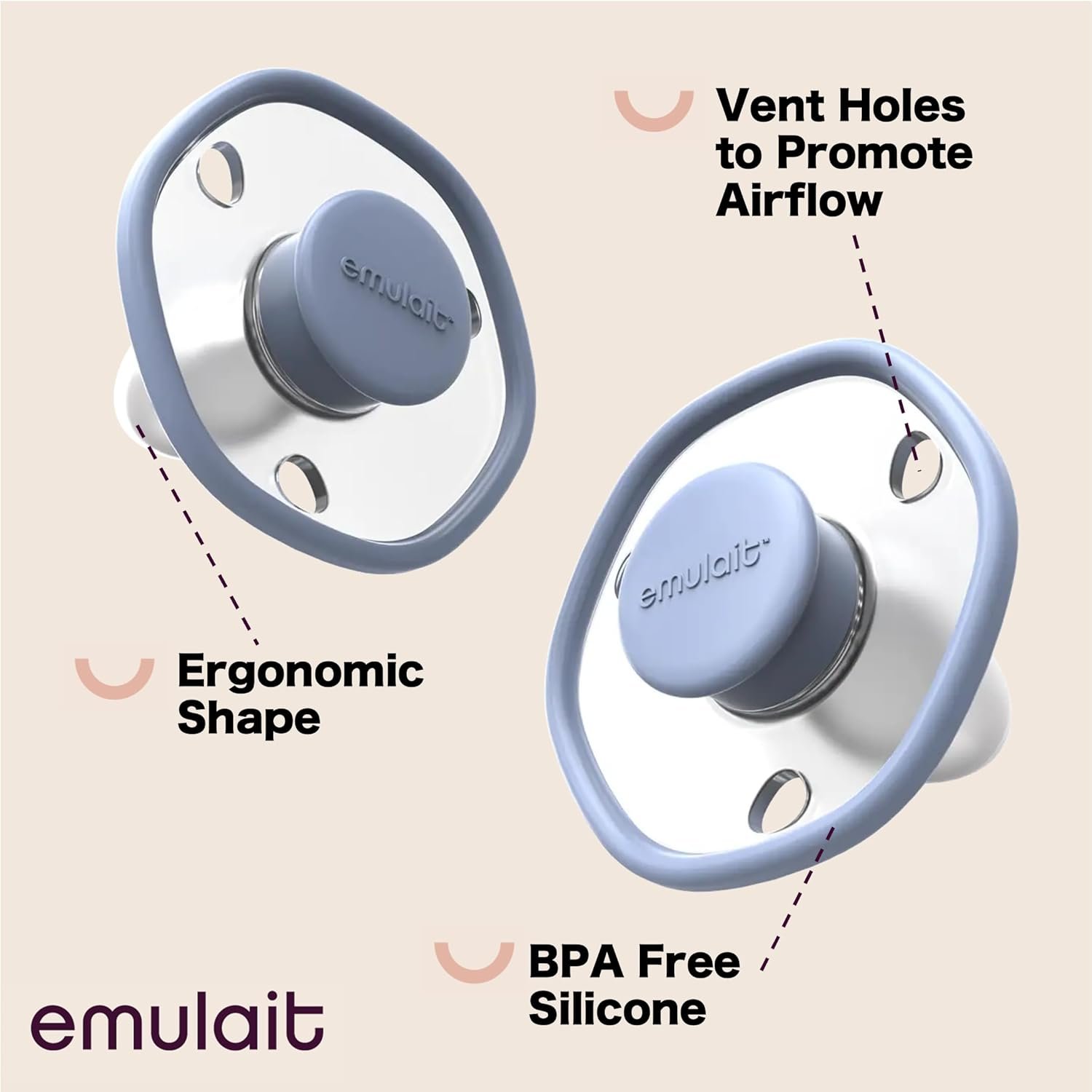 Emulait Baby Pacifier 2-Pack – Soft Silicone Newborn Pacifiers for Breastfed Babies, Orthodontic Shape, 0–6 Months, Blue