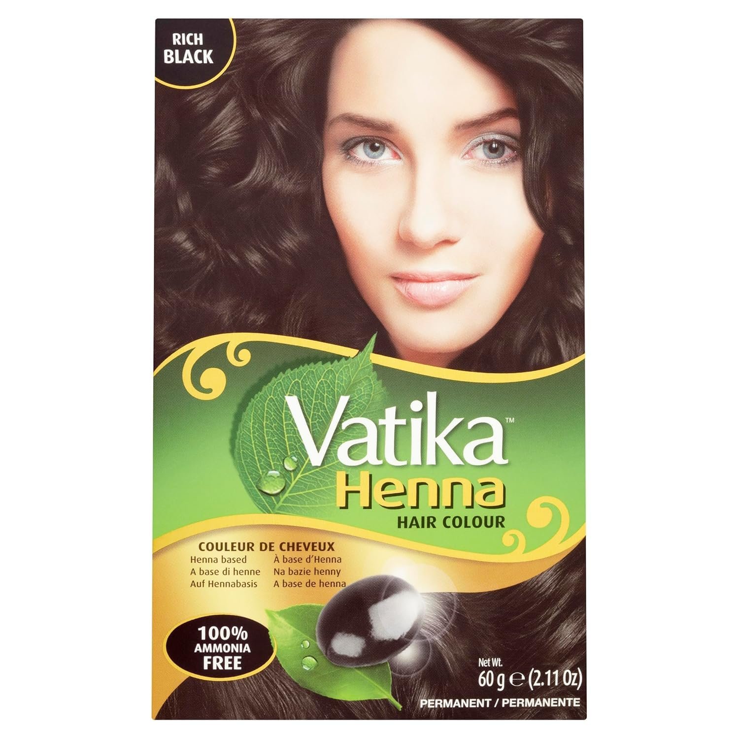 Vatika Naturals Permanent Hair Dye Rich Black – Ammonia-Free With Natural Henna, Grey Coverage, Nourishing Herbal Blend, Long-Lasting Hair Color for Soft, Shiny Results – 6 Sachets X 10g