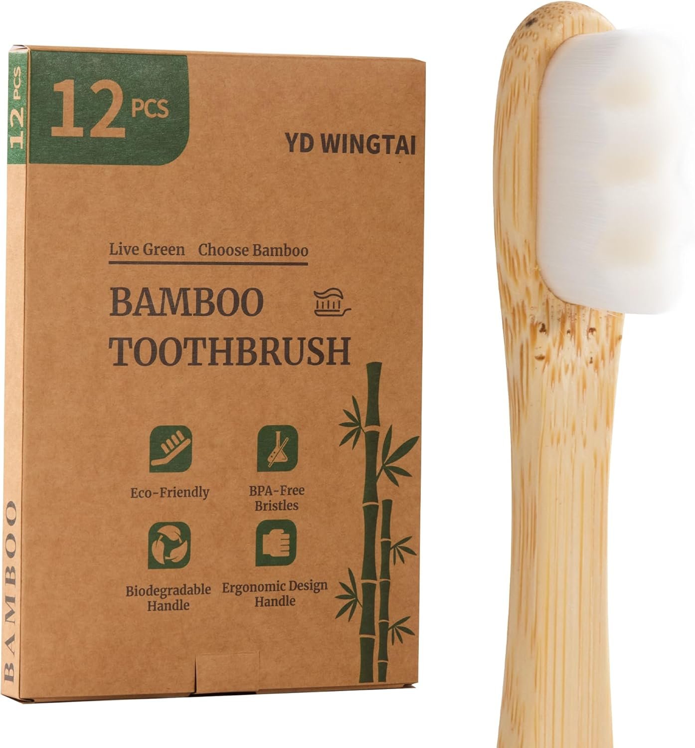Bamboo Toothbrush BPA-Free Bristles Biodegradable Handle Ergonomic Design 12 Pack Natural Wooden Oral Care Set for Adults