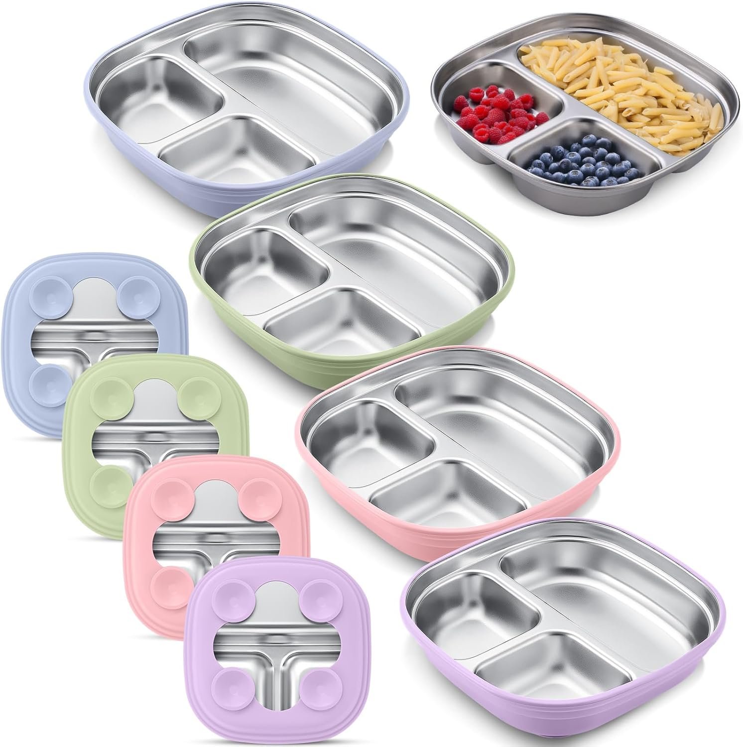 Geiserailie Square Stainless Steel Toddler Plates with Suction – 7.68” Divided Plates with Removable BPA-Free Silicone Sleeves, Unbreakable Baby Feeding Dishes Set of 4(Pink,Green,Purple,Blue)