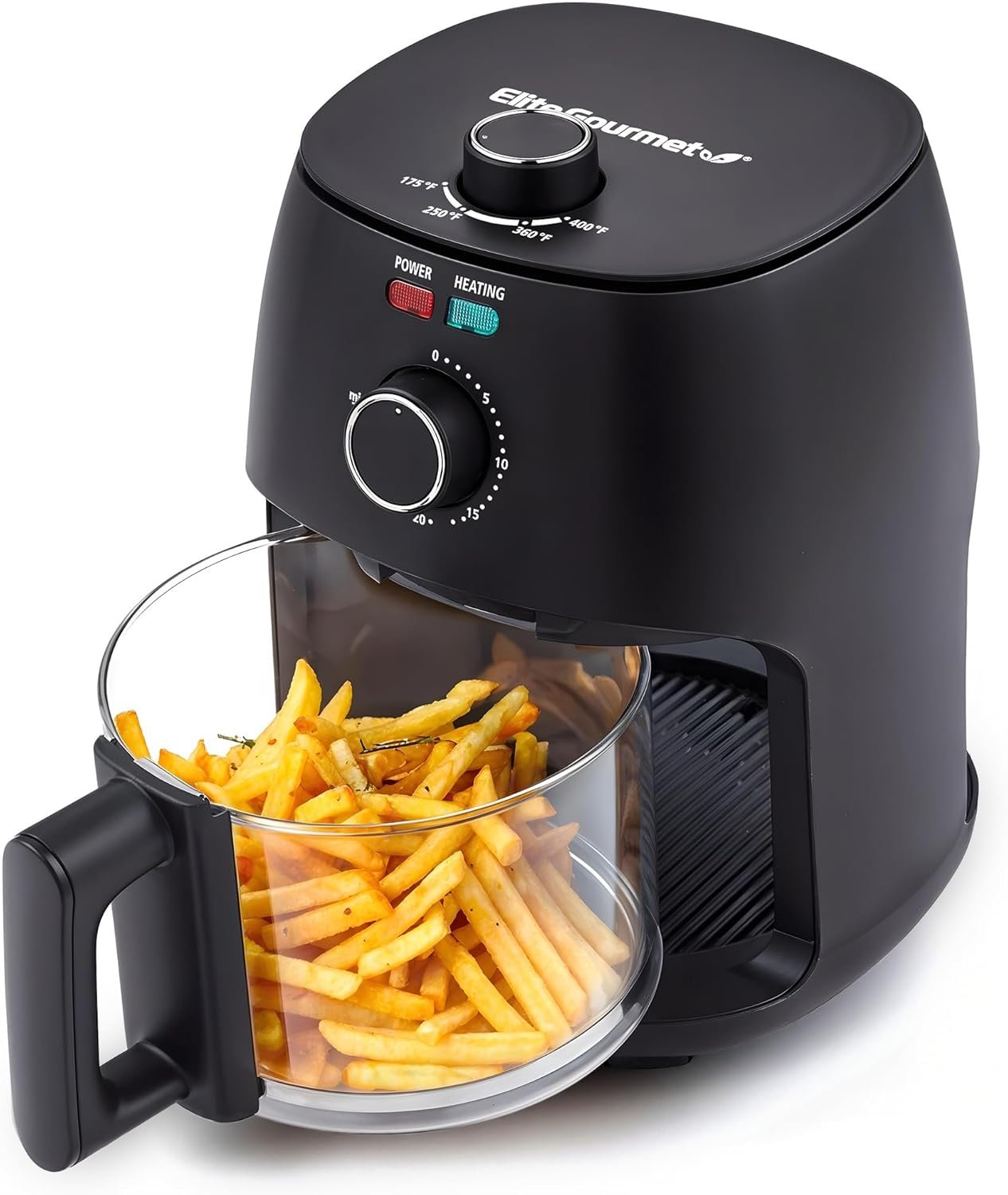 Elite Gourmet Glass Air Fryer, 2.4 Qt Compact Size for 1–2 People, PFAS-Free Ceramic & Glass Basket, Visible Cooking, Adjustable Temp 175–400°F, 1150W, Black