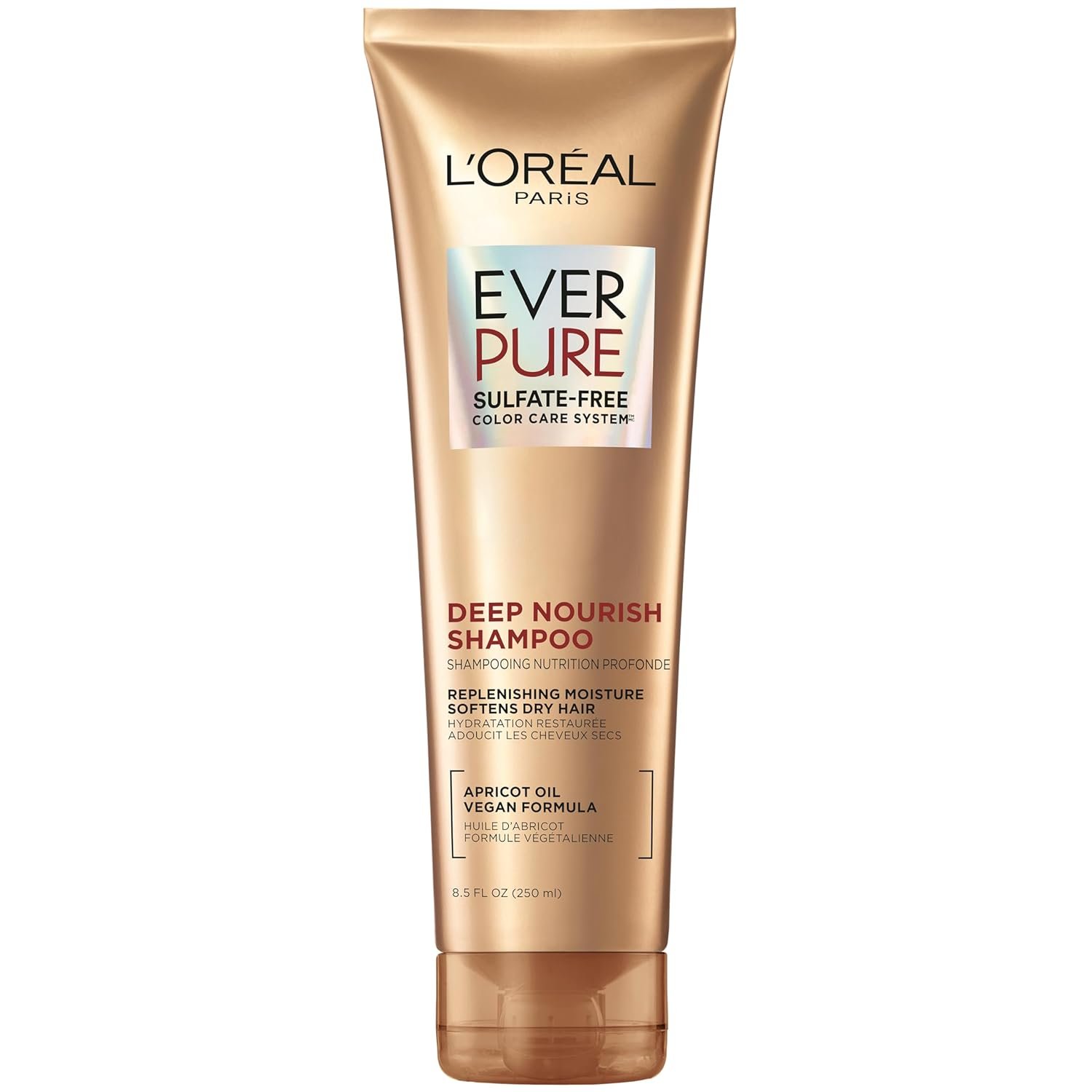 L’Oreal Paris Shampoo, Sulfate Free, Triple Action Hydration for Dry Hair, EverPure, 8.5 Fl Oz (Packaging May Vary), Damaged, Color-Treated Hair, Apricot Oil Infused, Deep Nourish