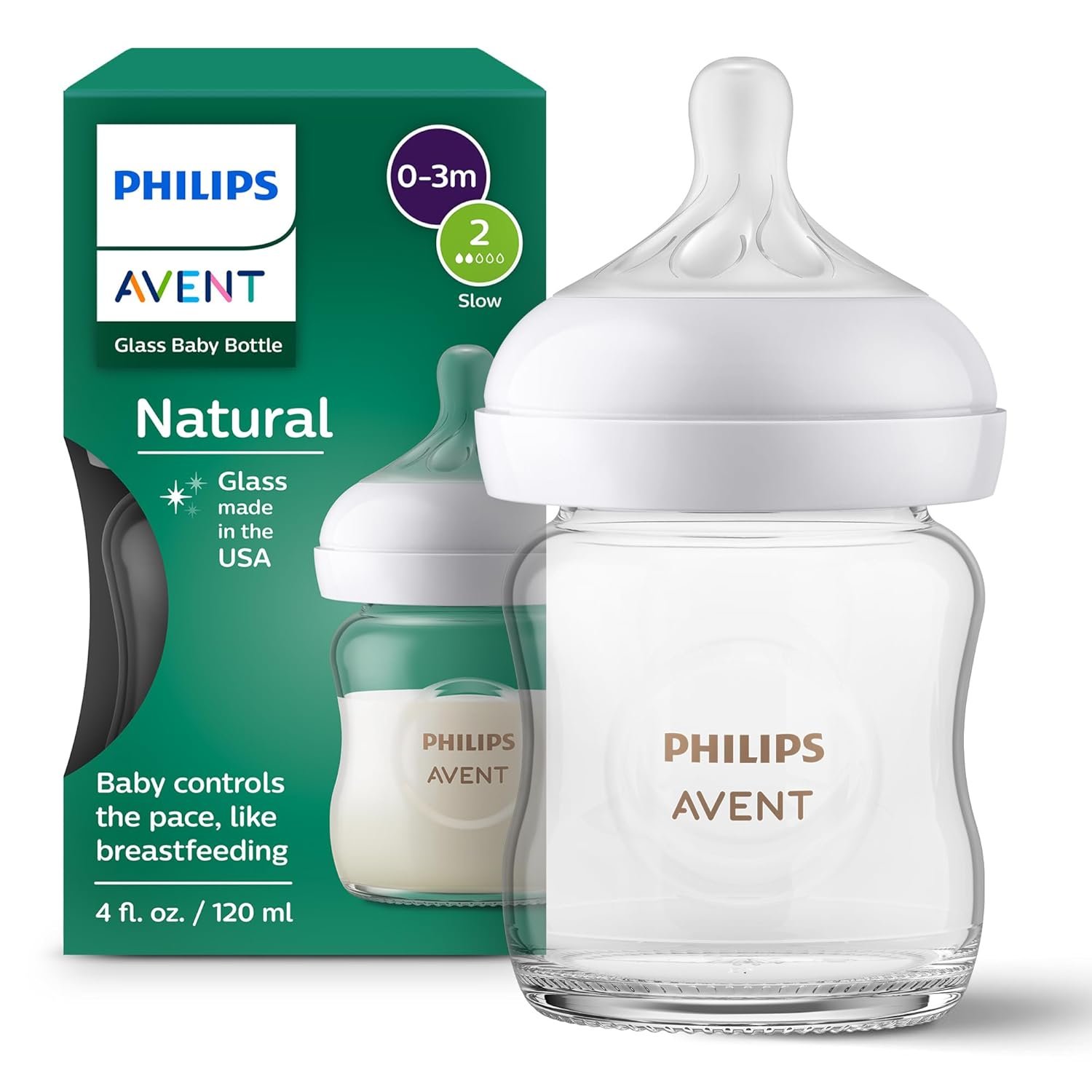 Philips Avent Natural Glass Baby Bottle with Natural Response Nipple (Slow Flow, Flow 2), 4oz, SCY910/01