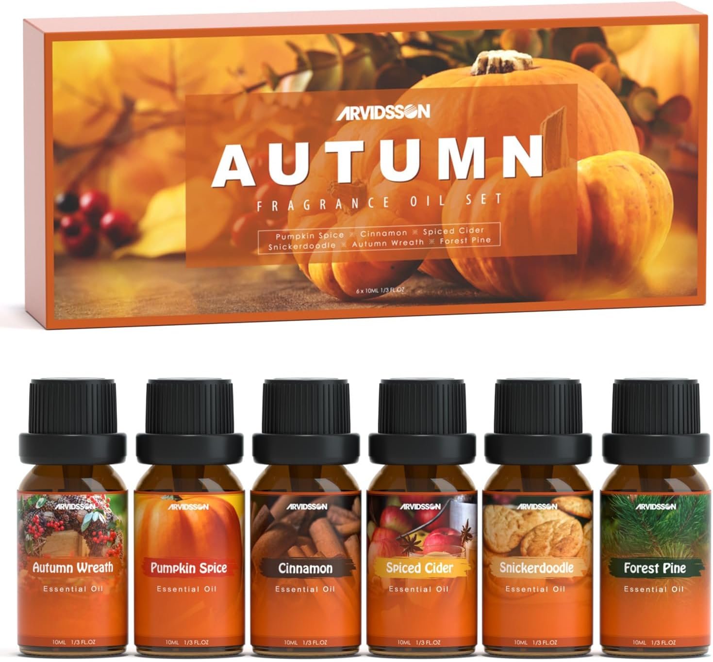 Autumn Fragrance Oil Set, ARVIDSSON Fall Essential Oils for Diffuser and Candle Making, Pumpkin Spice, Cinnamon, Spiced Cider, Snickerdoodle, Autumn Wreath, Pine, Cozy Scented Oils