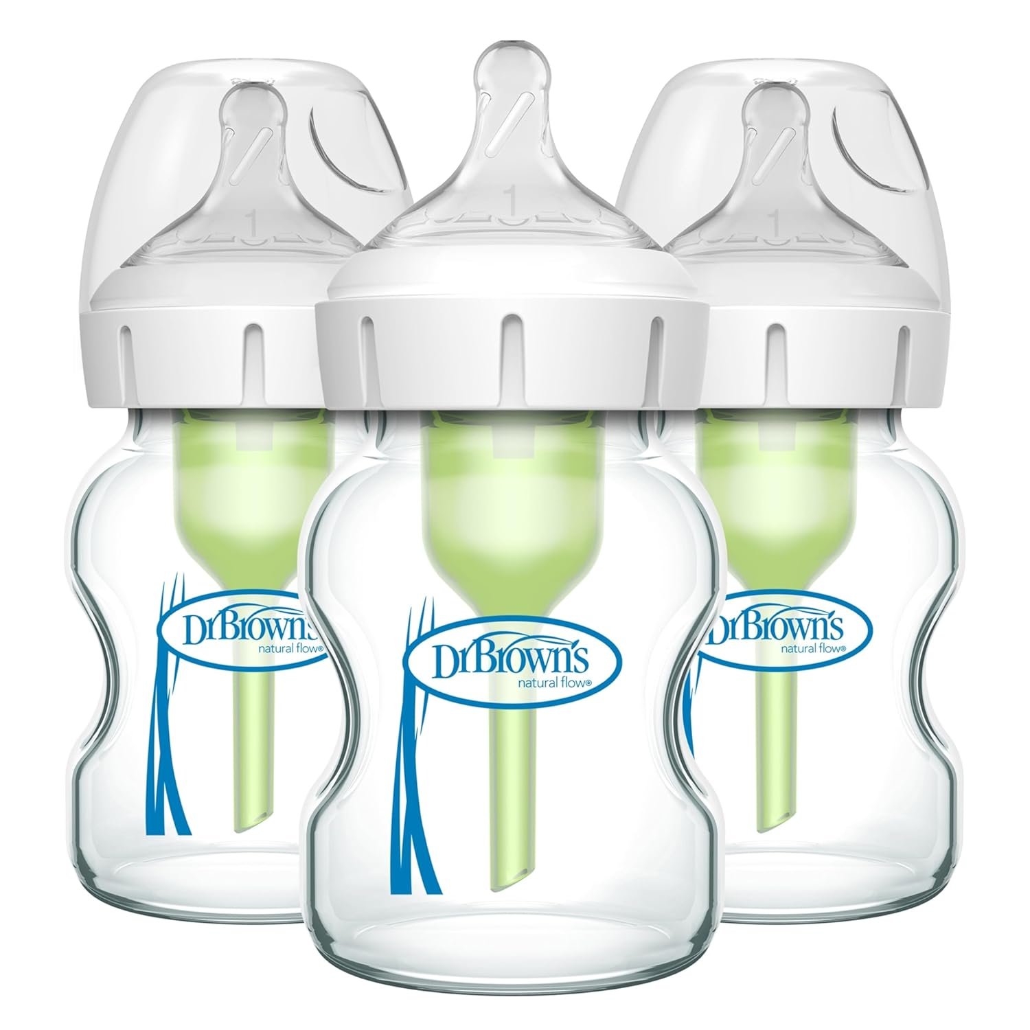 Dr. Brown’s Natural Flow Anti-Colic Options+ Wide-Neck Glass Baby Bottles 5 oz/150 mL, with Level 1 Slow Flow Nipple, 3 Pack, 0m+