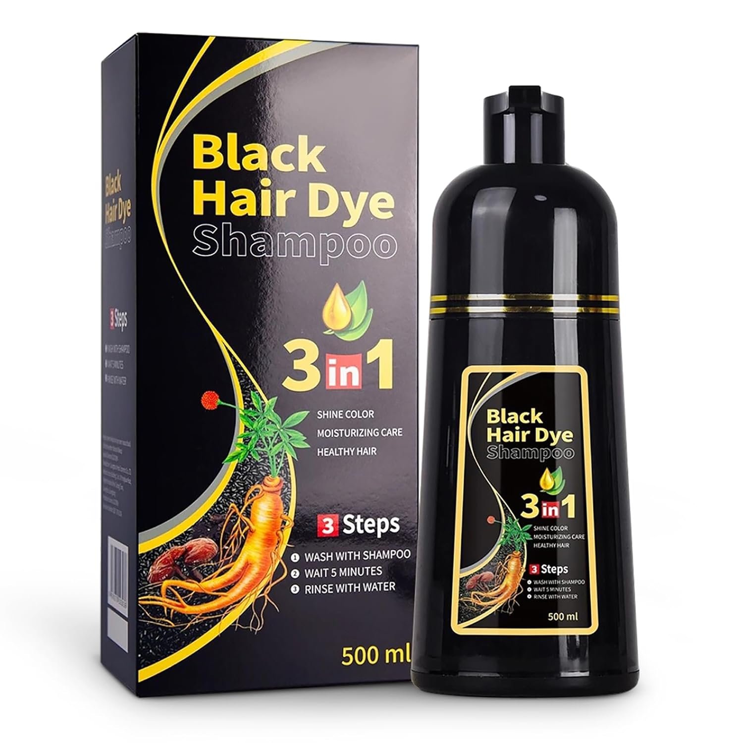 Black Hair Dye Shampoo 3 in 1 Instant Black Color, Moisturizing & Nourishing Formula Herbal Hair Dye for Men & Women,Long-Lasting Shine- Just wait 15-20 minutes and rinse with water (500 ml)