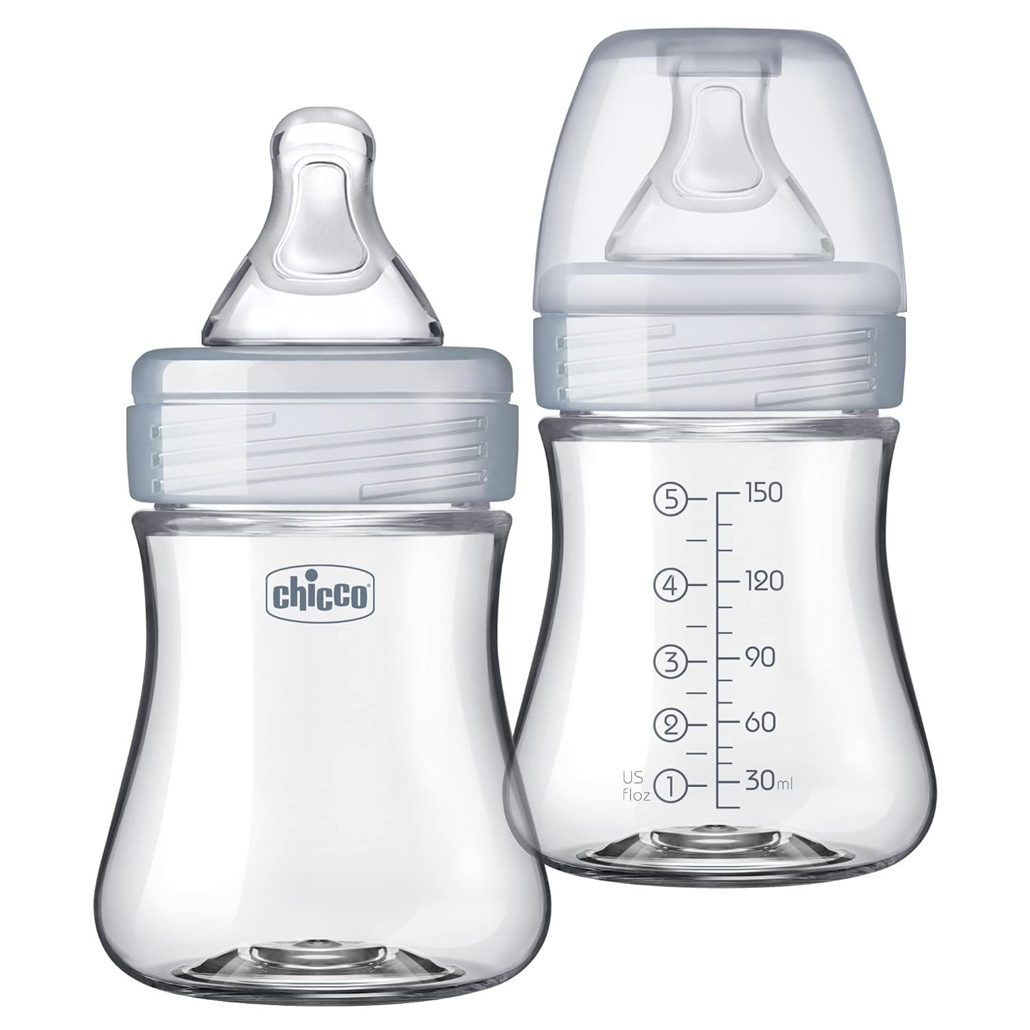 Chicco Duo 5oz. Hybrid Baby Bottle with Invinci-Glass Inside and Plastic Outside | Dishwasher, Bottle Warmer, and Electric Sterilizer Safe | Intui-Latch Nipple | Clear/Grey, 2pk