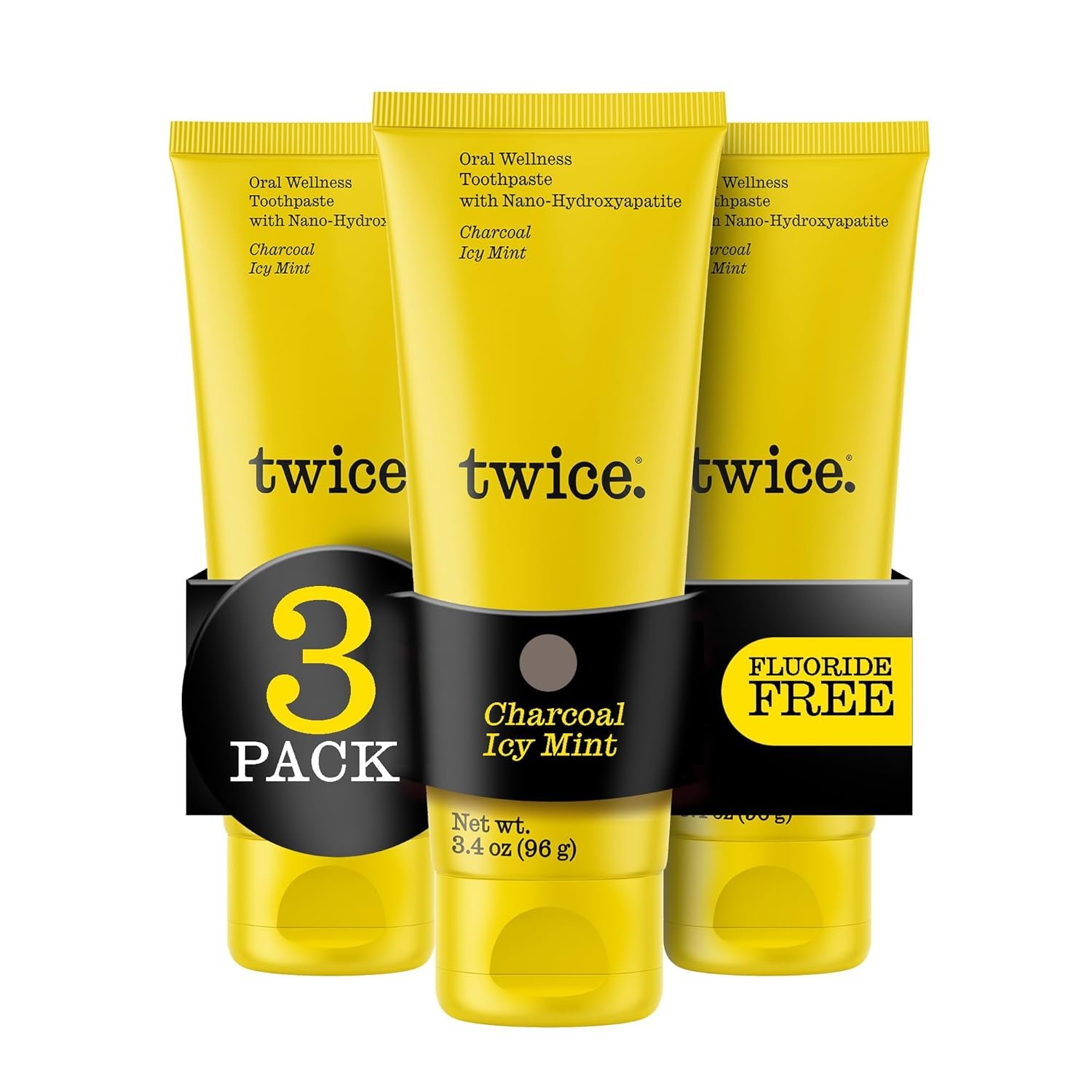 Twice Nano-Hydroxyapatite Toothpaste, Fluoride-Free – Helps Remineralize Teeth, Freshens Breath & Activated Charcoal for Teeth Whitening, ICY Mint – 3.4 oz, Pack of 3