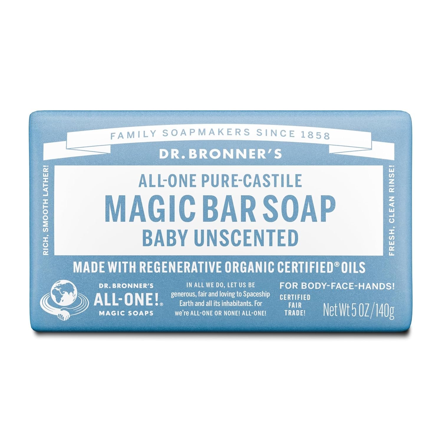 Dr. Bronner’s Pure-Castile Baby Unscented Magic Bar Soaps – Made with Regenerative Organic Certified Oils – For Face, Hand, Hair Gentle on Sensitive Skin – Soap Bars for Men & Women -1 Pack, 5 oz