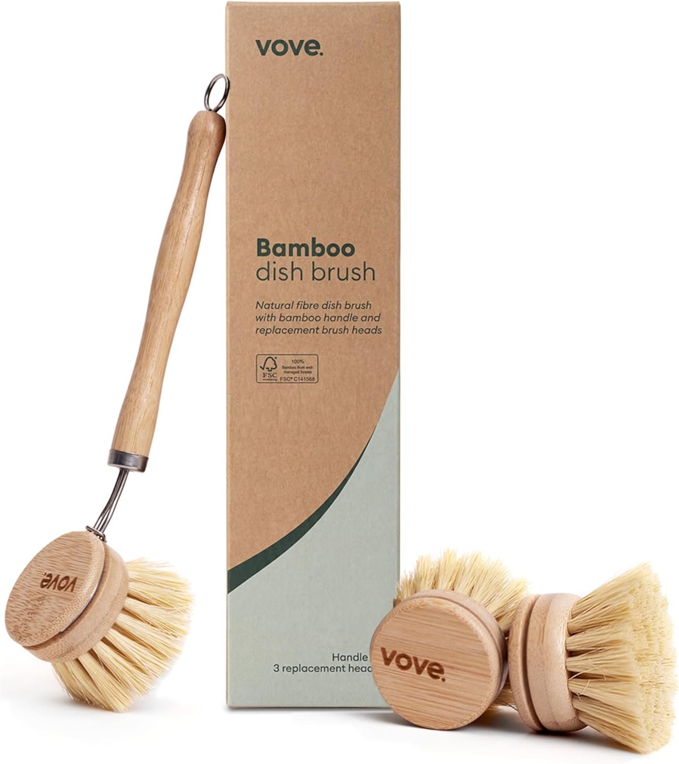 Vove Bamboo Dish Brush, FSC-Certified – Includes 3 Replacement Heads – Natural Fiber Bristles – Non-Toxic, Plastic-Free – Scrub Brush for Pots, Pans & Dishes