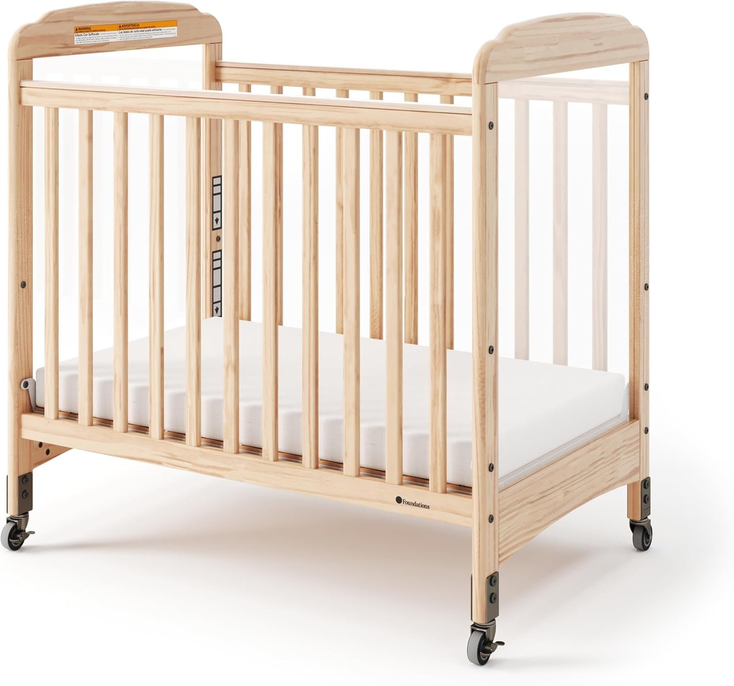 Foundations Serenity Compact Clearview Daycare Crib, Fixed Side, Durable Wood Construction, Adjustable Mattress Board, Clear End Panels. Includes 3” InfaPure Foam Mattress (Natural)