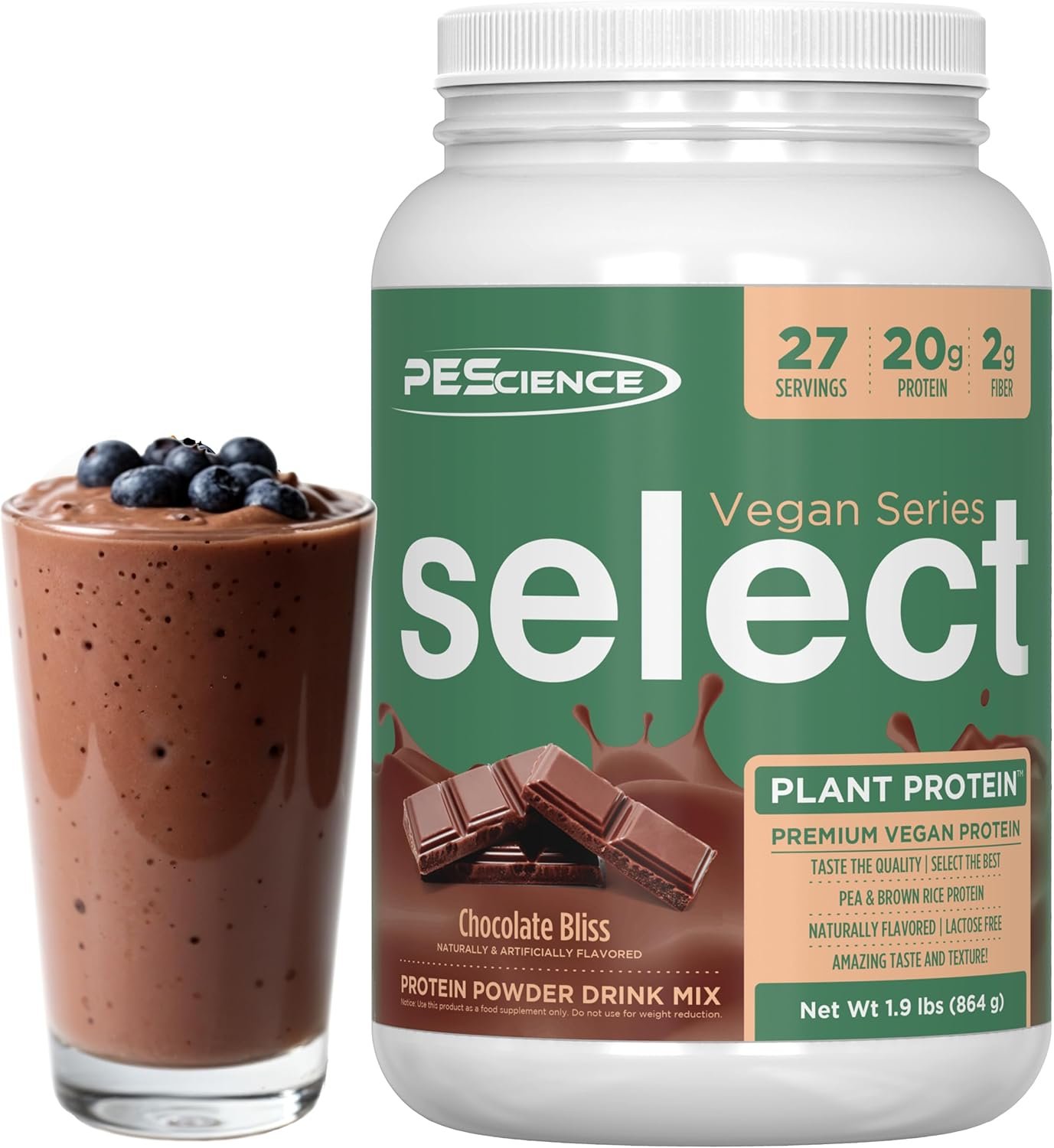 PEScience Select Vegan Protein Powder, Plant Based Protein Powder, Amazing Taste, Smooth Texture, Pea and Brown Rice Blend, Dairy Free, Lactose Free, Gluten Free – Chocolate Bliss, 27 Servings