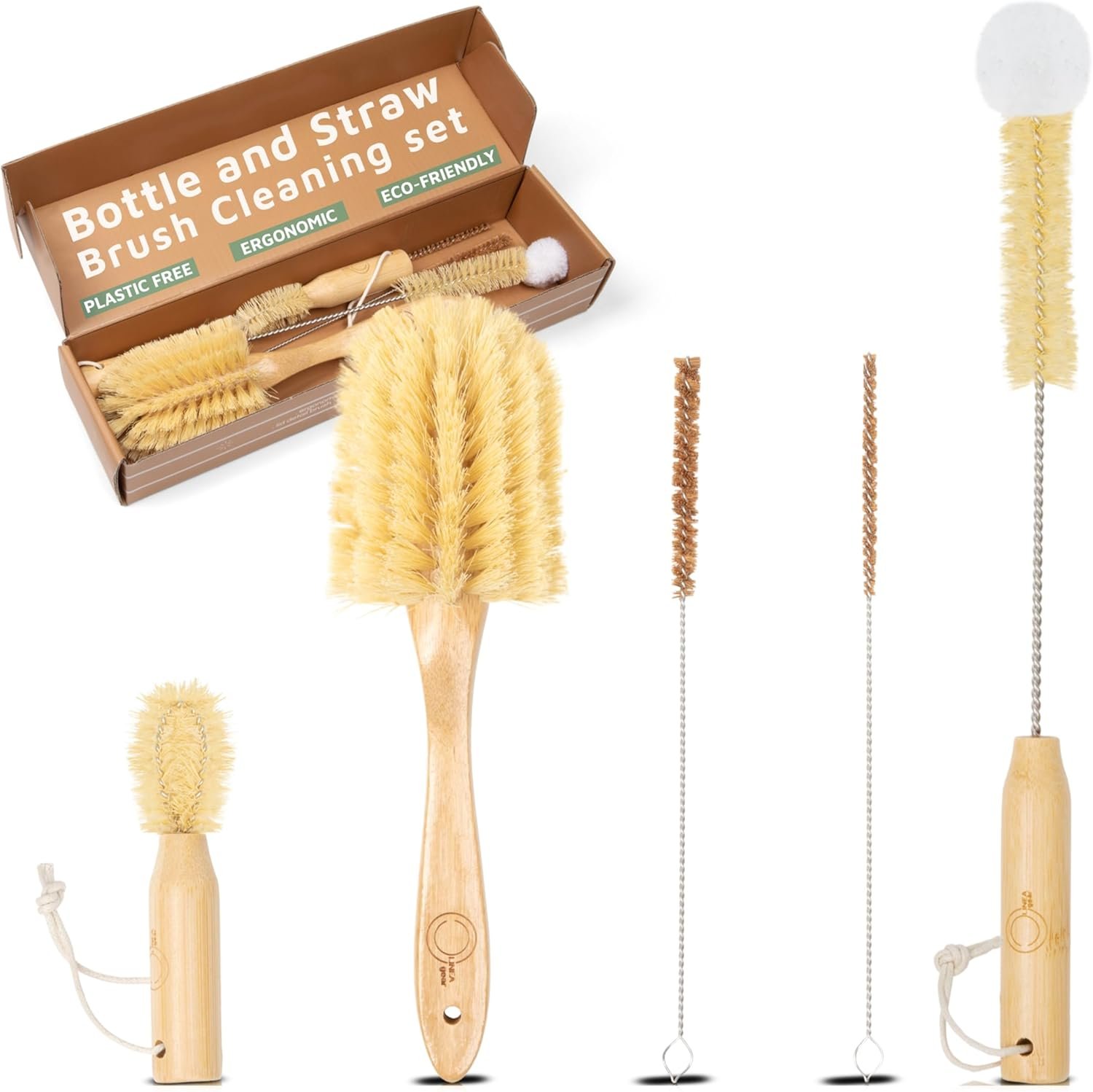 Bottle Brush Set – Ergonomic & Plastic Free Bamboo Bottle Brush, All in One Bottle And Straw Brush Cleaning Set, Sturdy Eco Friendly Water Bottle Cleaner Brush Set, Great Baby Bottle Cleaner Brush Set