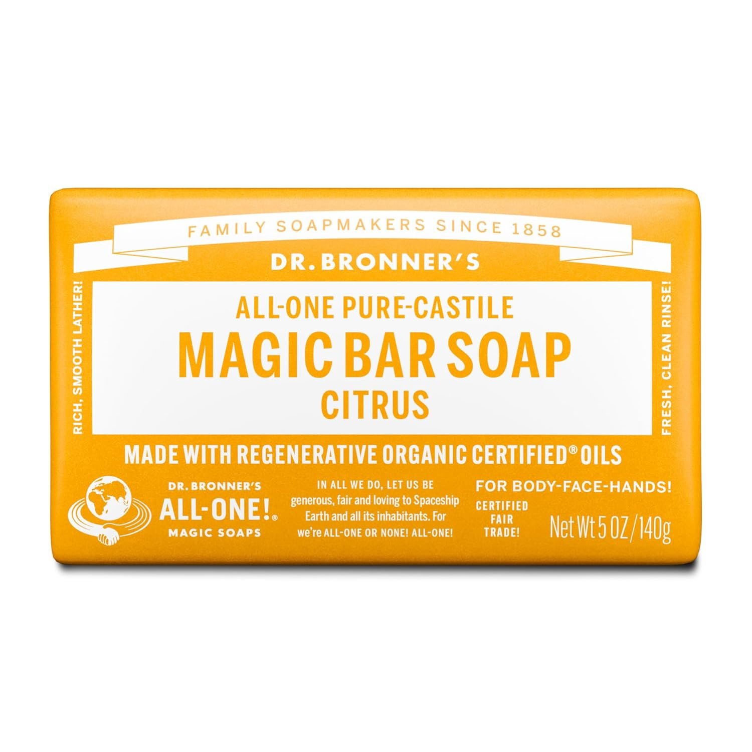 Dr. Bronner’s Pure Castile Bar Soap – Made with Organic Oils, For Face, Body and Hair, Gentle and Moisturizing, Biodegradable, Vegan, Cruelty-free, Non-GMO, Multi, Citrus Orange, 5 Oz