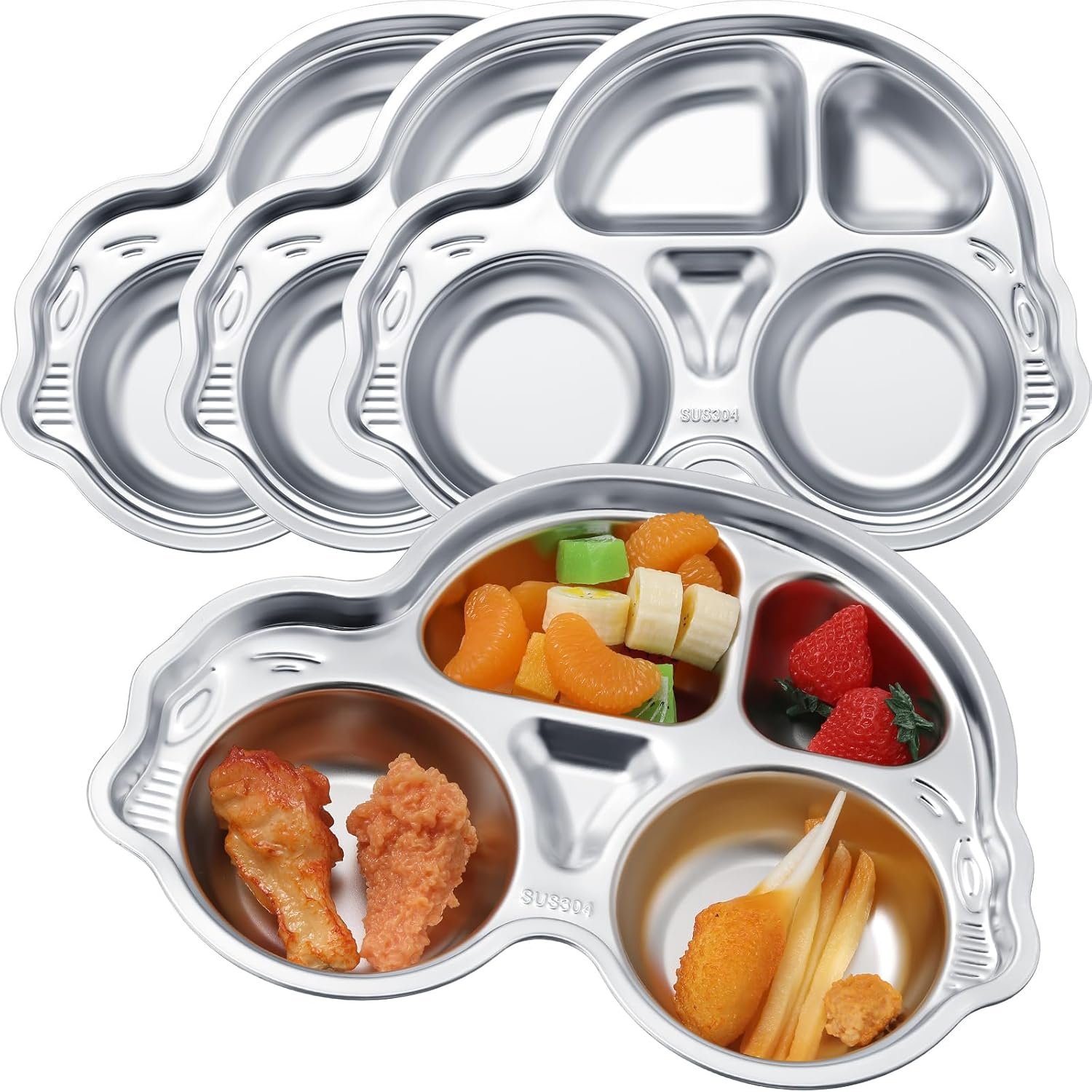Tioncy 4 Pcs Stainless Steel Kids Plates 4 Sections Divided Unbreakable Dinner Plates Cute Car Shape bowls for Babies, Toddlers and Kids Lunch, Portion Control, Camping