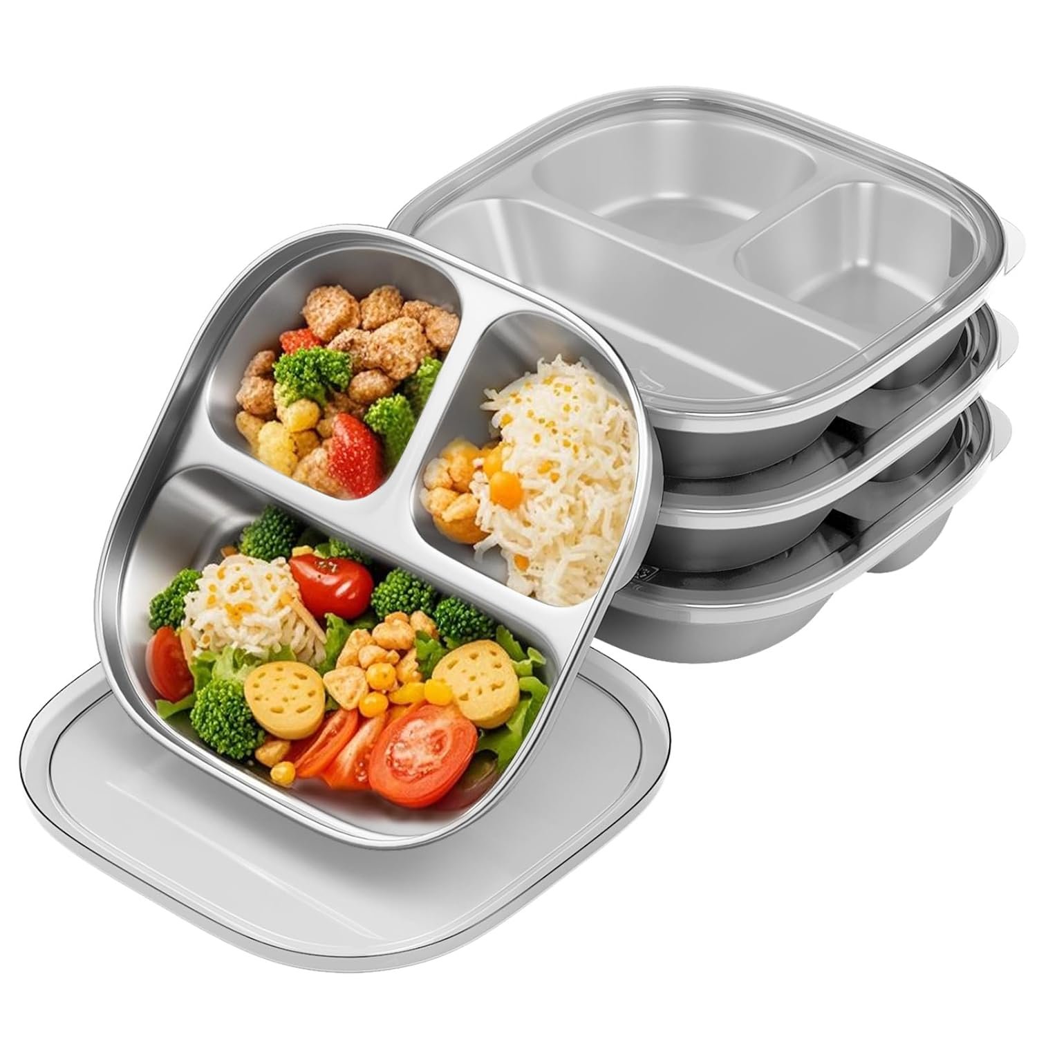 Stainless Steel Kids Plates,Set of 4 Toddler Plates with Lids – 3 Compartments Stainless Steel Snack Containers for Kids Non Toxic & 100% BPA Free