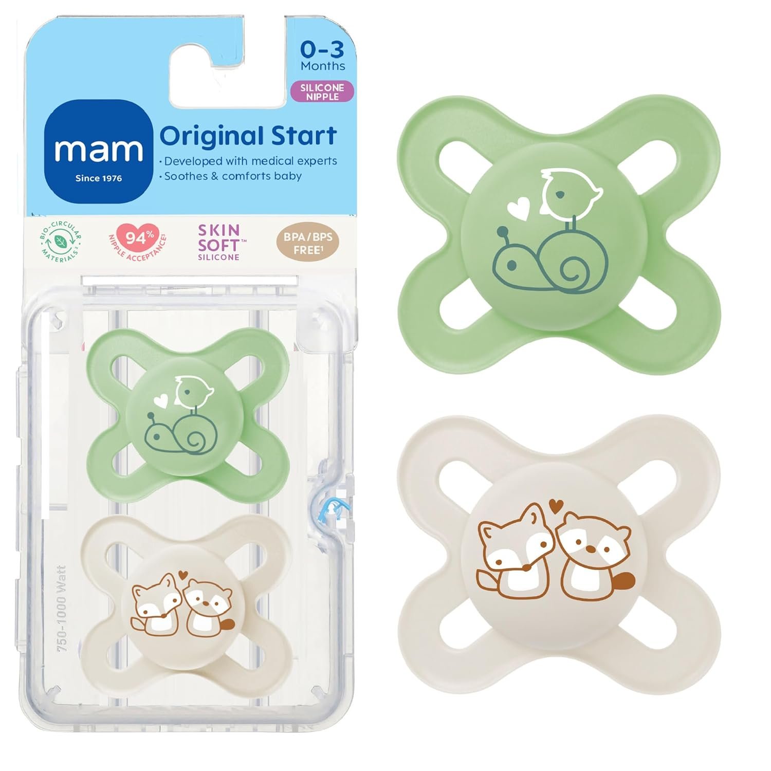 MAM Original Start Matte Baby Pacifiers, Binky for 0-3 Months, BPA-Free Silicone Nipple, Easy to Clean, Best for Newborn Babies, Developed with Medical Experts, 2 Count Binkies with Sterilizer Case