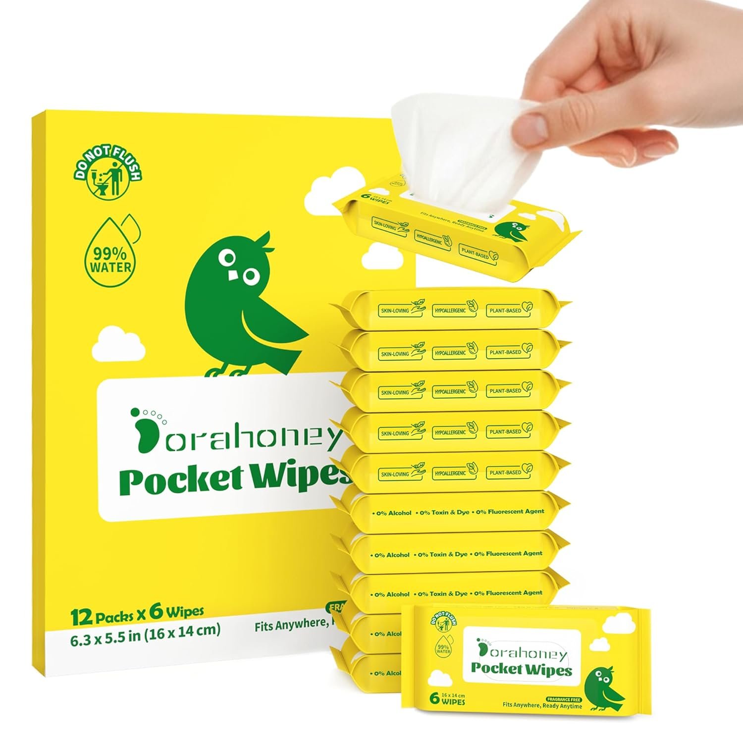 Unscented Travel Wet Wipes, 99% Purified Water Mini Wipes for Sensitive Skin, Hypoallergenic & Plastic-Free Pocket Wipes, 72 Count (12 Packs of 6)