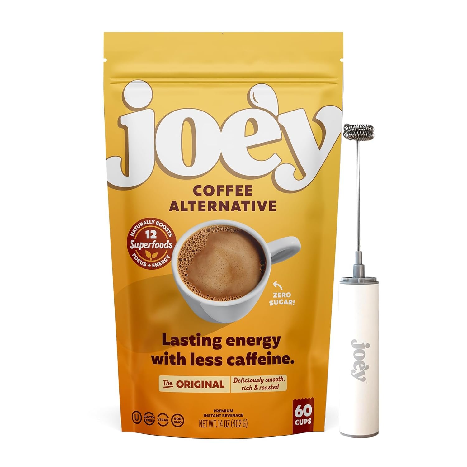 Joe’y Mushroom Coffee Alternative with Cacao and Dandelion Root, Chicory Coffee Substitute with Adaptogenic Superfoods, Vegan Gluten-Free Drink for Focus, 60 servings, and Stainless Steel Frother Wand