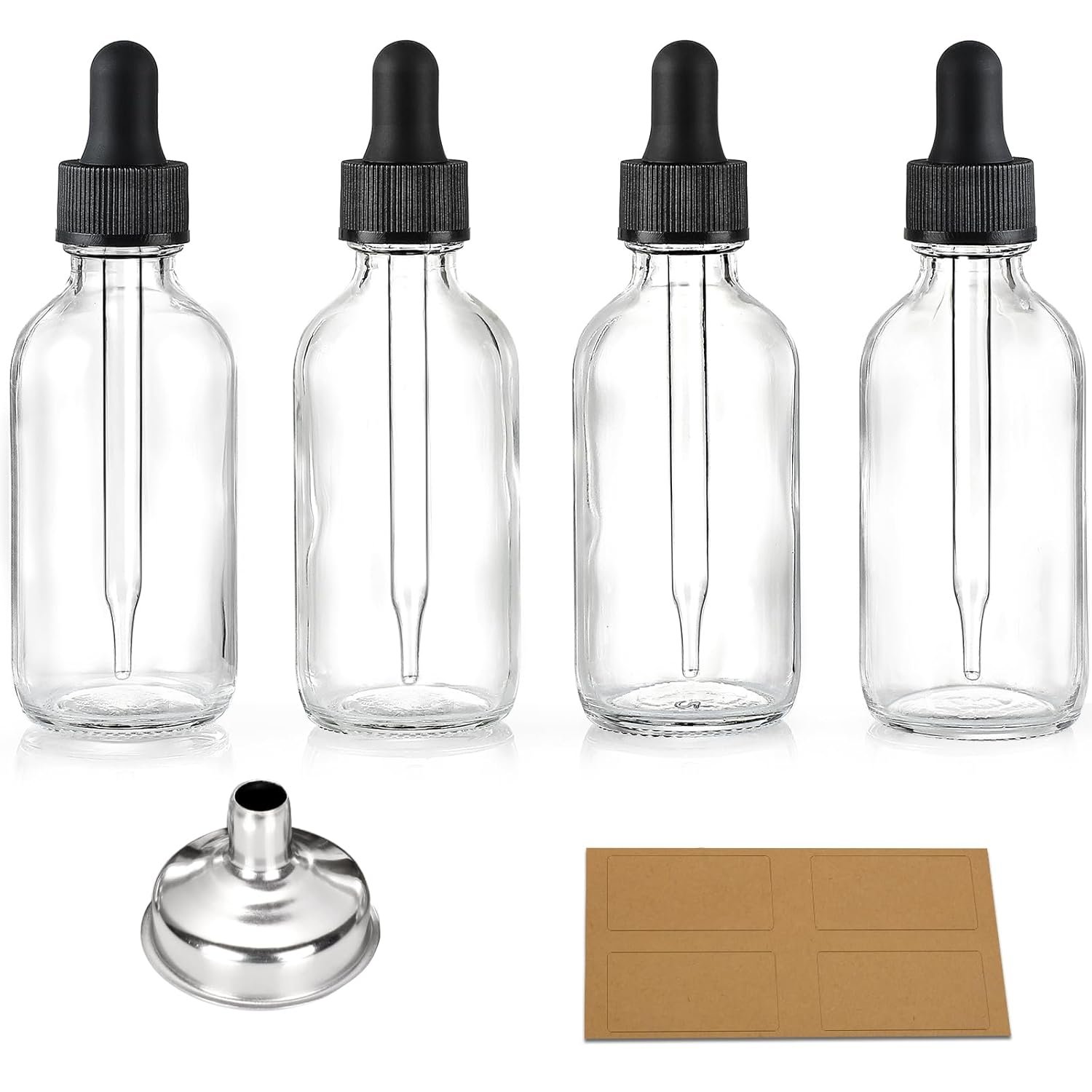 4 Pcs, 2 oz Clear Eye Dropper Bottles with 1 Stainless Steel Funnels & 4 Labels – Black Caps 60ml Thick Glass Tincture Bottles – Leakproof Essential Oils Bottles for Health, Personal Care & Beauty