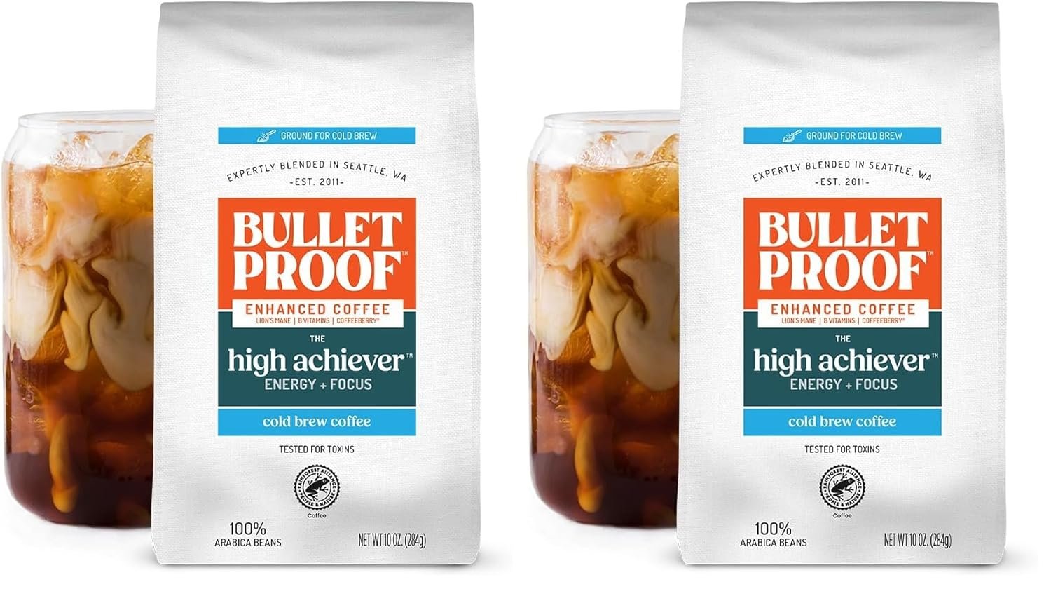 Bulletproof The High Achiever Coarse Ground Cold Brew Coffee, 10 Ounces, Medium-Dark Roast Enhanced Coffee with Lion’s Mane Mushroom, B Vitamins, and Adaptogens for Energy and Focus (Pack of 2)