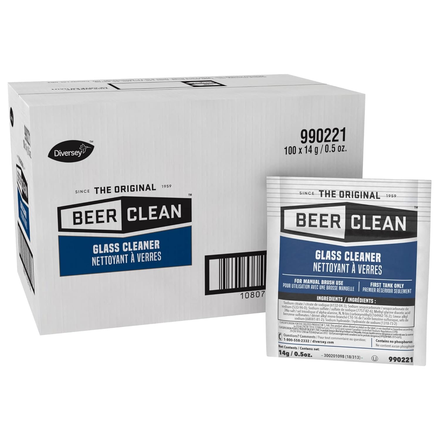 BEER CLEAN Diversey Bar Glass Cleaner, 0.5 oz Packets (100-Pack) – Concentrated Powdered Compound for Hot/Cold Water, Odorless Detergent, No Residue, Use for Manual Brush 3-Sink Systems, 990221