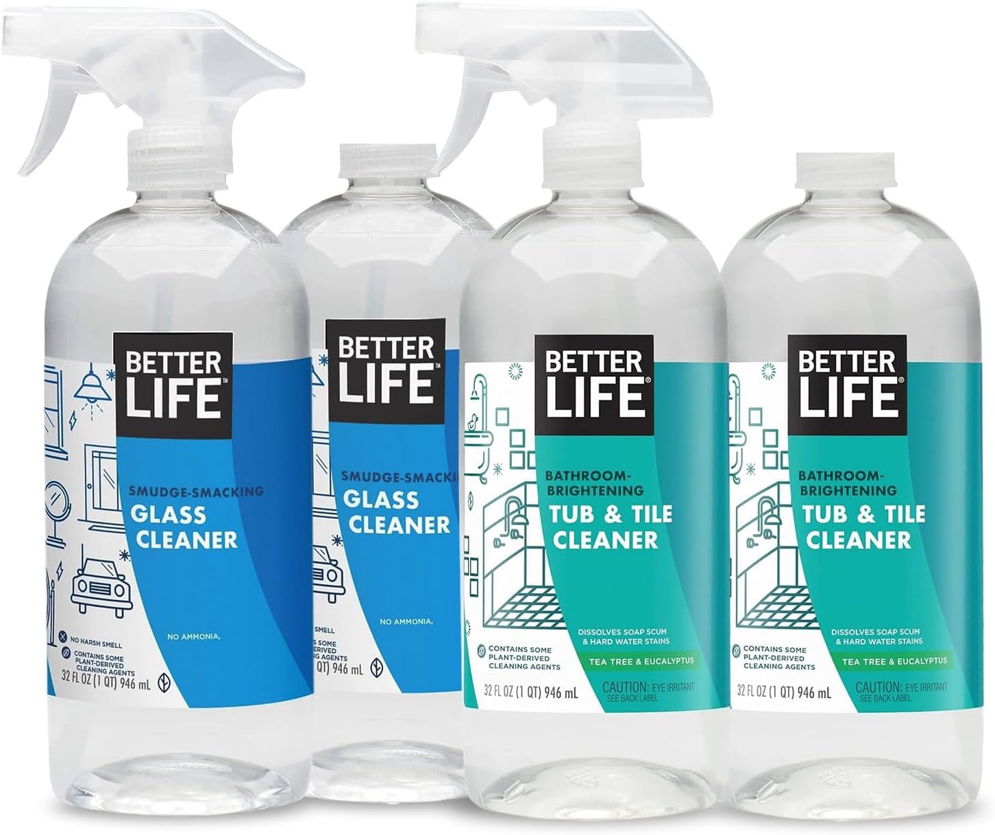 Better Life Tub and Tile Cleaner 32 Oz Pack of 2 + Glass Cleaner 32 Oz Pack of 2