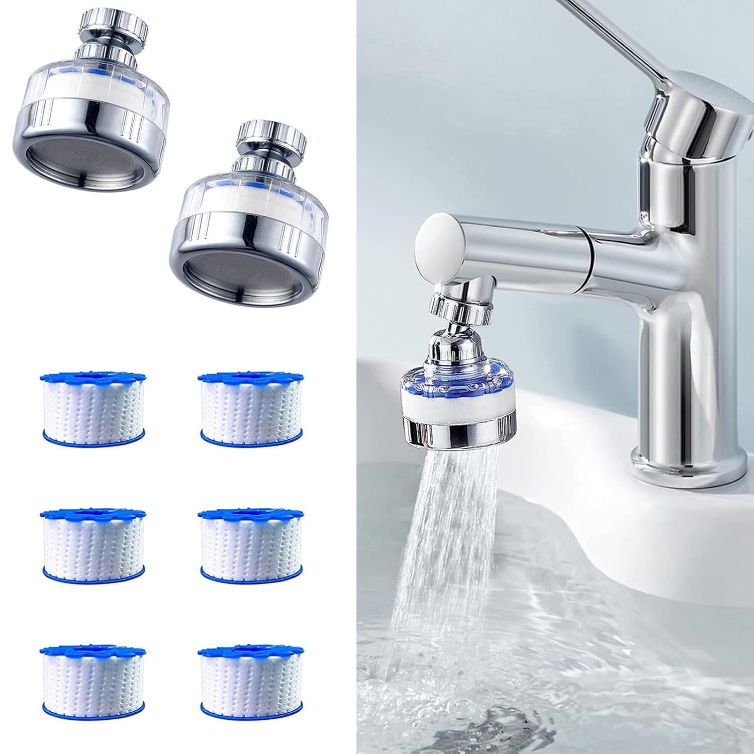 2 Pack Sink Water Filter Faucet: Bathroom Sink Filter – 360° Rotating Faucet Filters Purifier Kitchen Tap Filtration Removes Chlorine Fluoride Heavy Metals Hard Water for Home Bathroom & Kitchen
