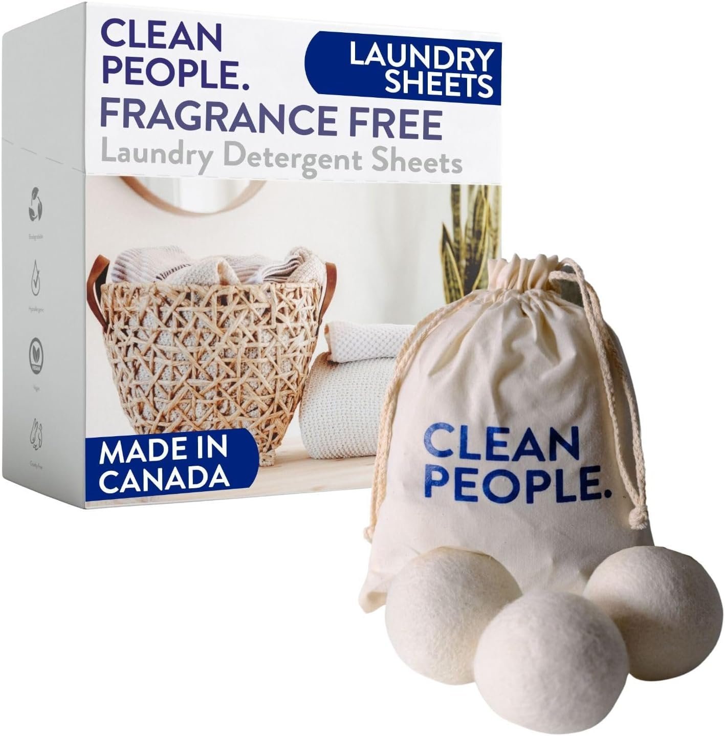 Clean People Ultra Concentrated Laundry Detergent Strips Fragrance Free & 100% New Zealand Wool Dryer Balls – 3 Pack – Plant-Based, Eco Friendly Laundry Detergent 96ct & Dryer Balls 3 Pack