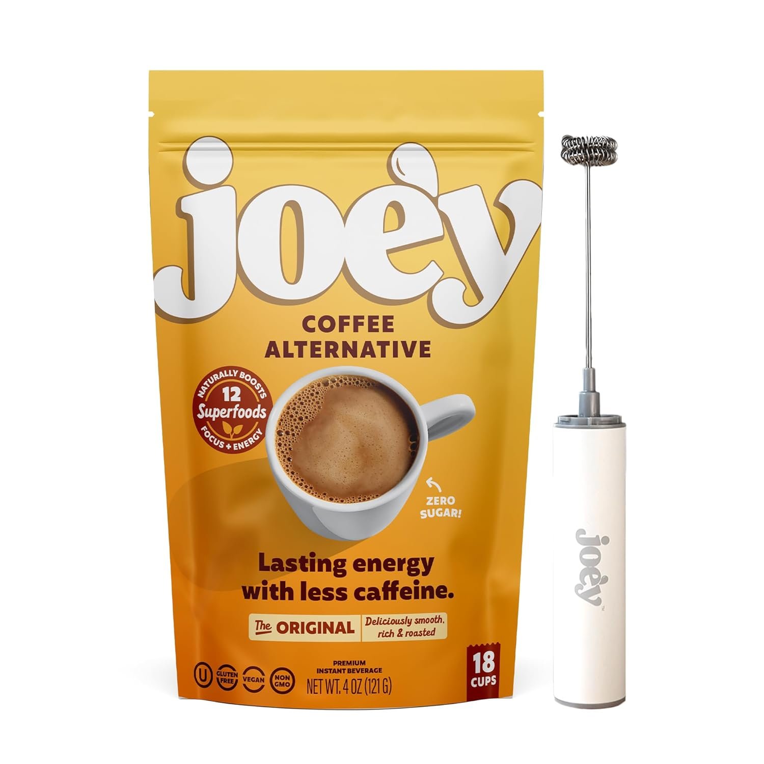 Joe’y Mushroom Coffee Alternative, Chicory Coffee Substitute with Adaptogenic Superfoods, Vegan, Gluten-Free Drink for Focus, 18 servings, and Stainless Steel Frother Wand Bundle