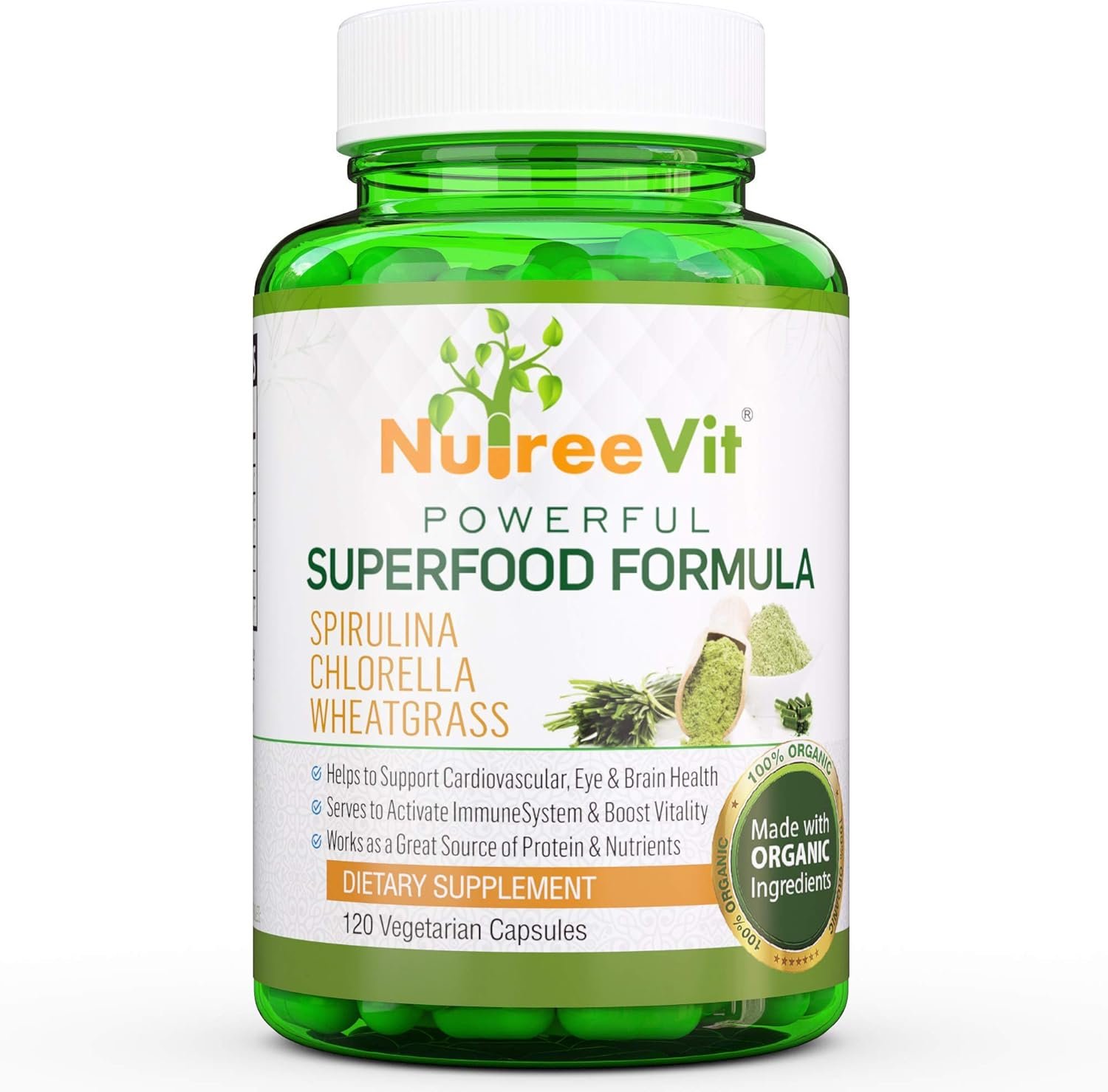 NutreeVit Pure 100% Organic Spirulina + Chlorella + Wheatgrass – Energy Booster, Immune Support, Powerful Superfood Antioxidant – Veggie Capsules | 500mg