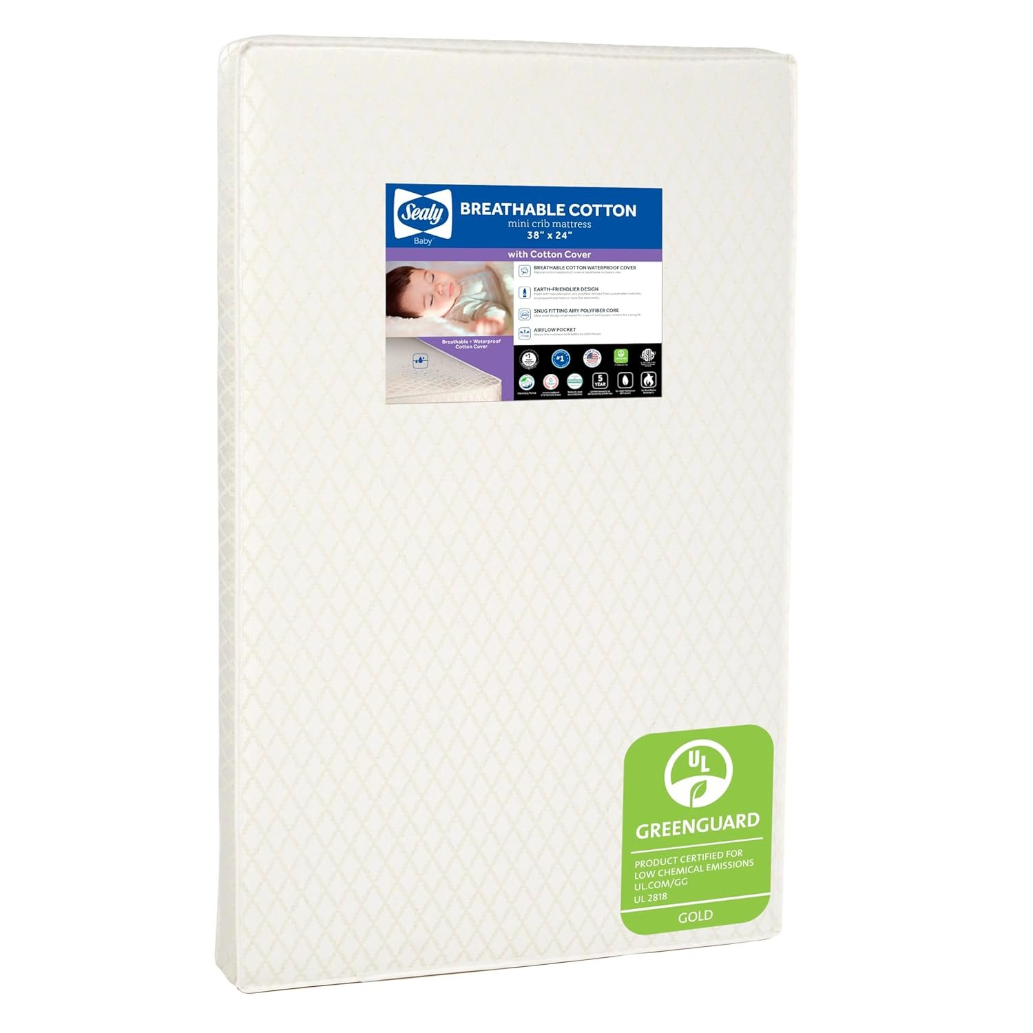 Sealy Baby Breathable Waterproof Cotton Portable Mini Crib Mattress, Premium Sustainable Non Toxic Core, Hypoallergenic, GREENGUARD Gold Certified, Safety & Quality Tested, Made in USA, 38×24