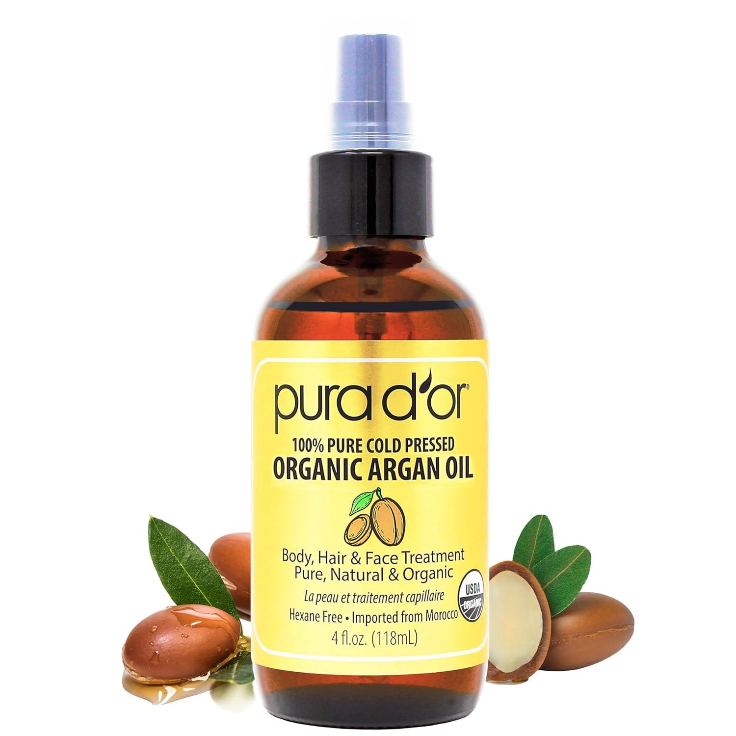 PURA D’OR 4 Oz Organic Moroccan Argan Oil – 100% Pure Cold-Pressed Virgin Grade – Lightweight Moisturizer for Skin, Face, Body & Hair – Helps Dry Skin, Scalp Care, Split Ends, Nails & Cuticles