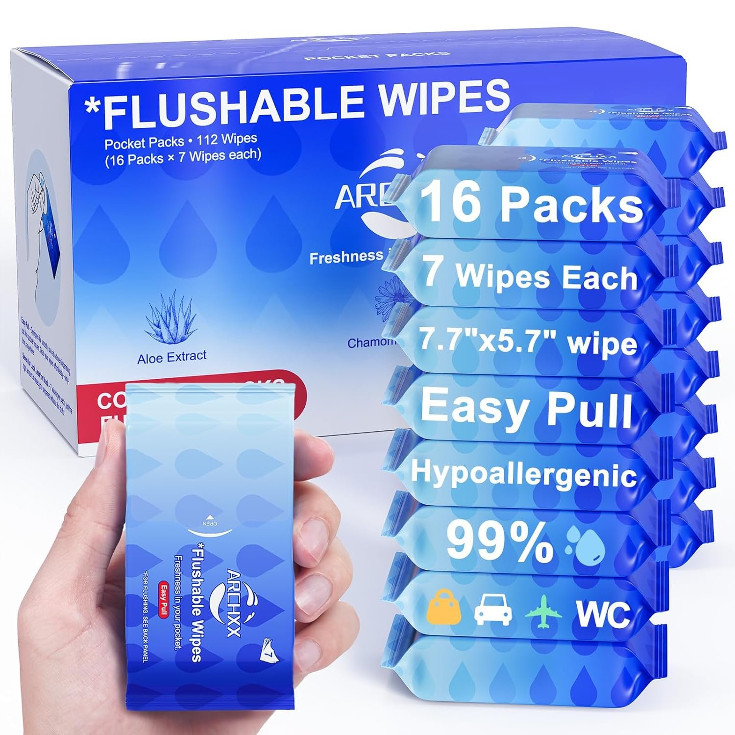 Travel Flushable Wipes for Adults & Kids, 112 Count (16 Packs of 7), Value Pack, Unscented & Hypoallergenic, Travel Essentials, Mini Wet Wipes with Aloe Vera, 99% Water, for Sensitive Skin