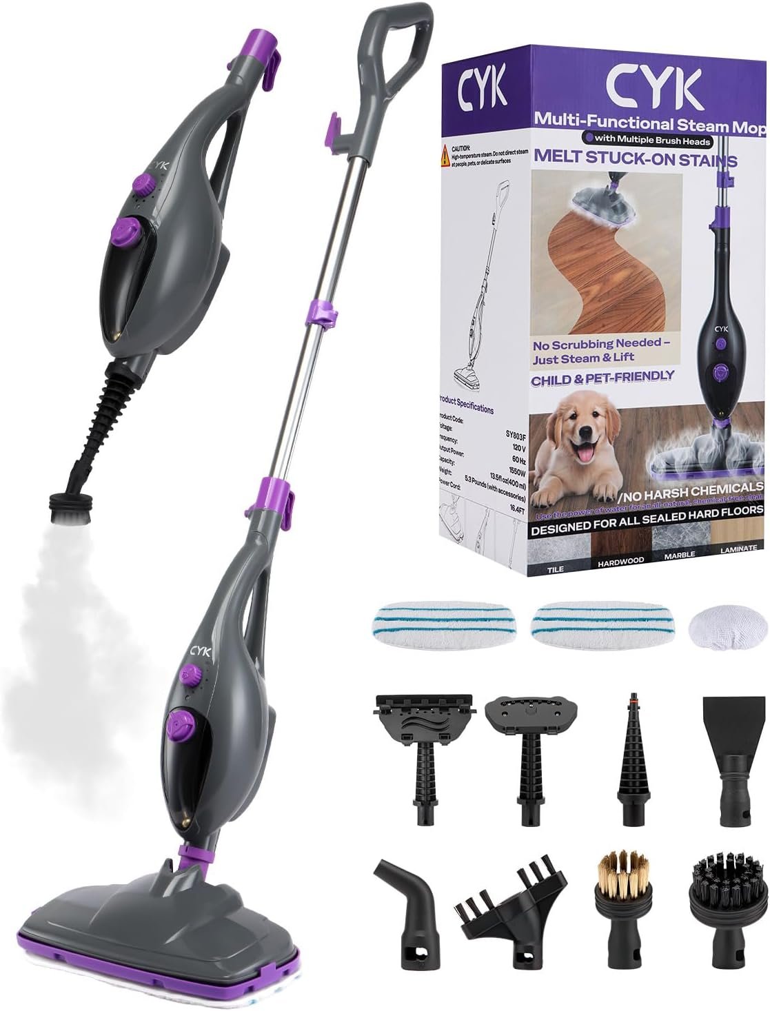 CYK Steam Mops for Floor Cleaning, 12 in 1 Handheld Steam Cleaner for Home, Floor Steamer for Hardwood Floors and Tile (Purple-grey)