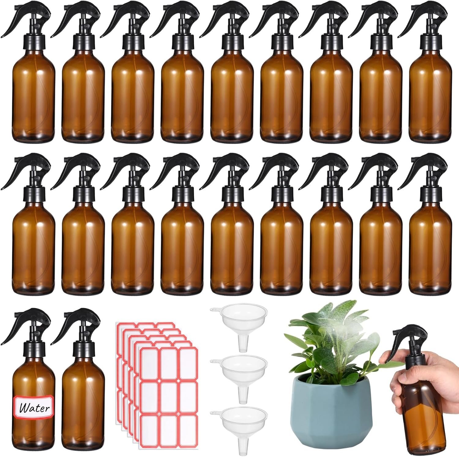 24 PCS 8 oz Glass Spray Bottles – Brown Glass Sprayer with Funnels and Labels, Refillable Fine Mist Trigger Bottles for Essential Oils, Cleaning Solutions, Haircare, Room Fresheners, DIY Cosmetics