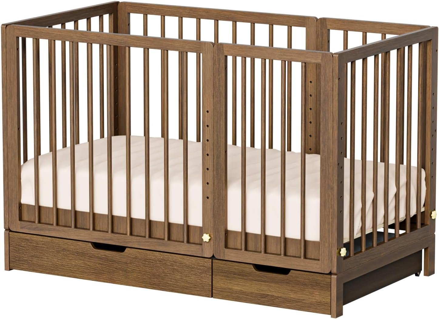 JOYMOR 8 in 1 Convertible Crib with Drawer, Include 2” Mattress, Converts to Bassinet, Mid Crib, Full Size Crib, Daybed,Toddler Bed and Playard (Crib with Drawer, Honey Wood)
