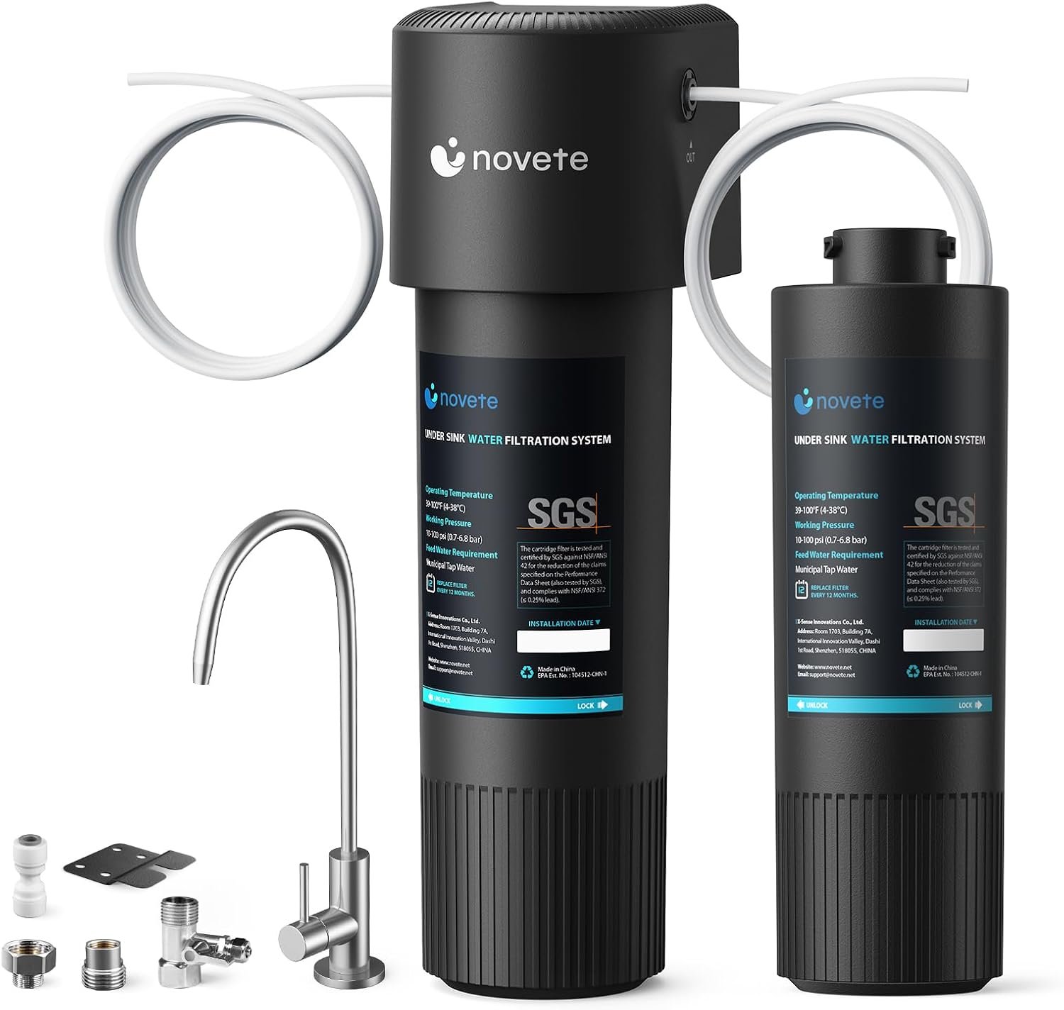 NOVETE UWF1A-KPC Under Sink Water Filter System with Faucet and Black Replacement Filter