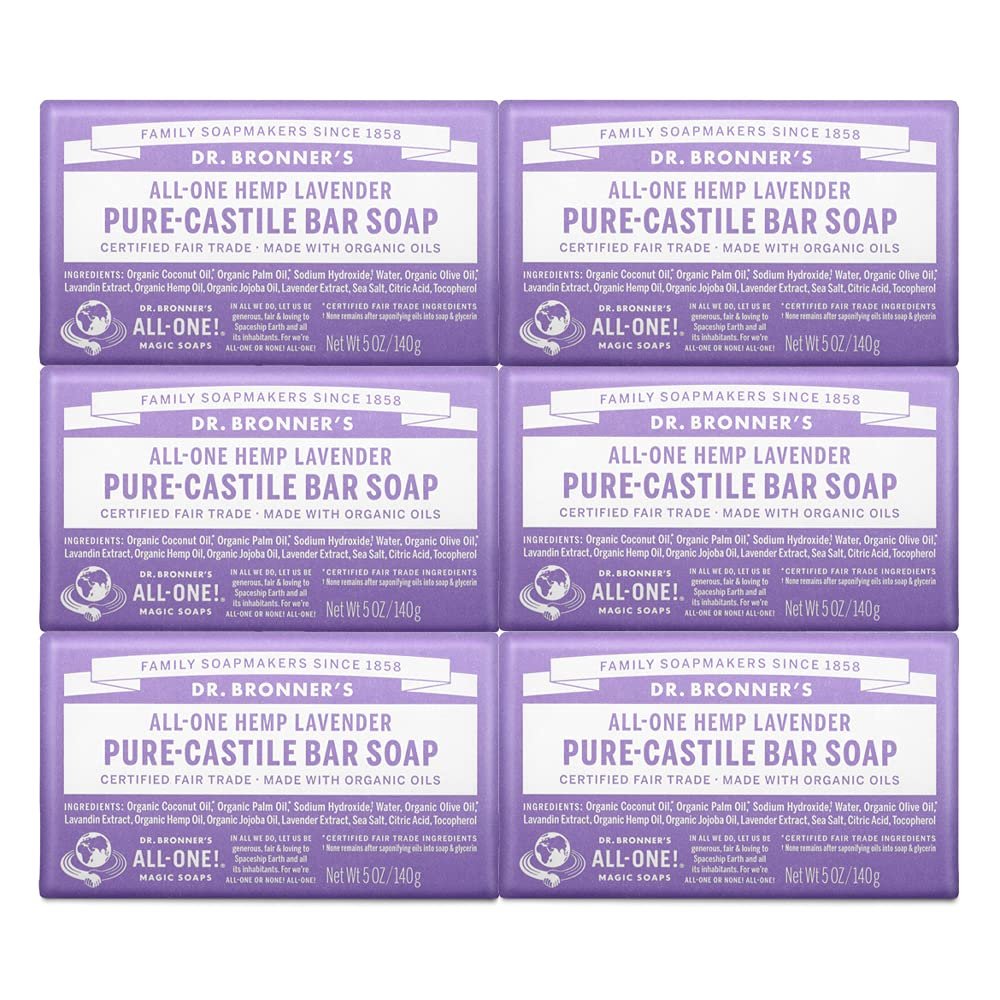 Dr. Bronner’s – Pure-Castile Bar Soap (Lavender, 5 ounce, 6-Pack) – Made with Organic Oils, For Face, Body and Hair, Gentle and Moisturizing, Biodegradable, Vegan, Cruelty-free, Non-GMO