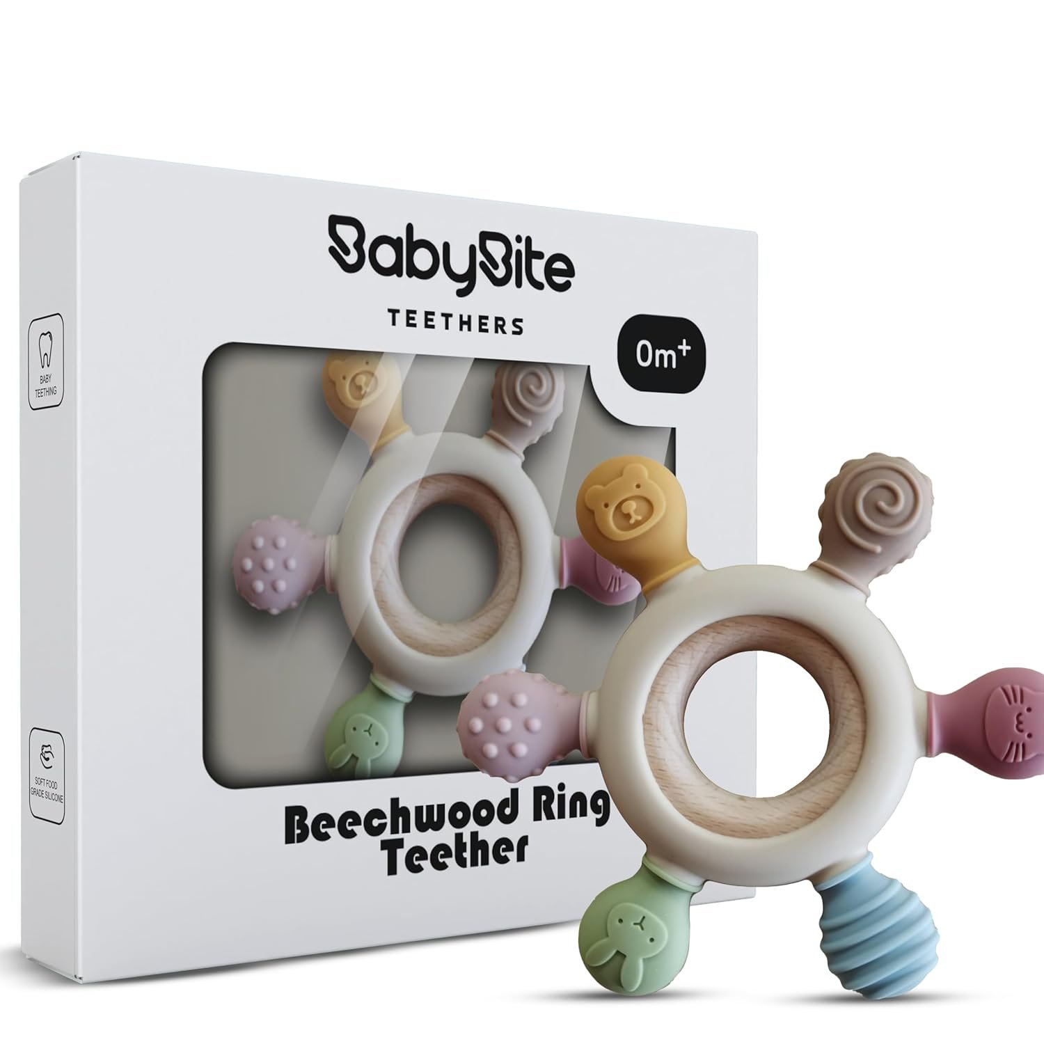 [BabyBite] Teethers Silicone and Beechwood Animal Teether for Sensory and Developmental Play for Baby and Toddler 100% BPA Free Food Grade Silicone, Beige