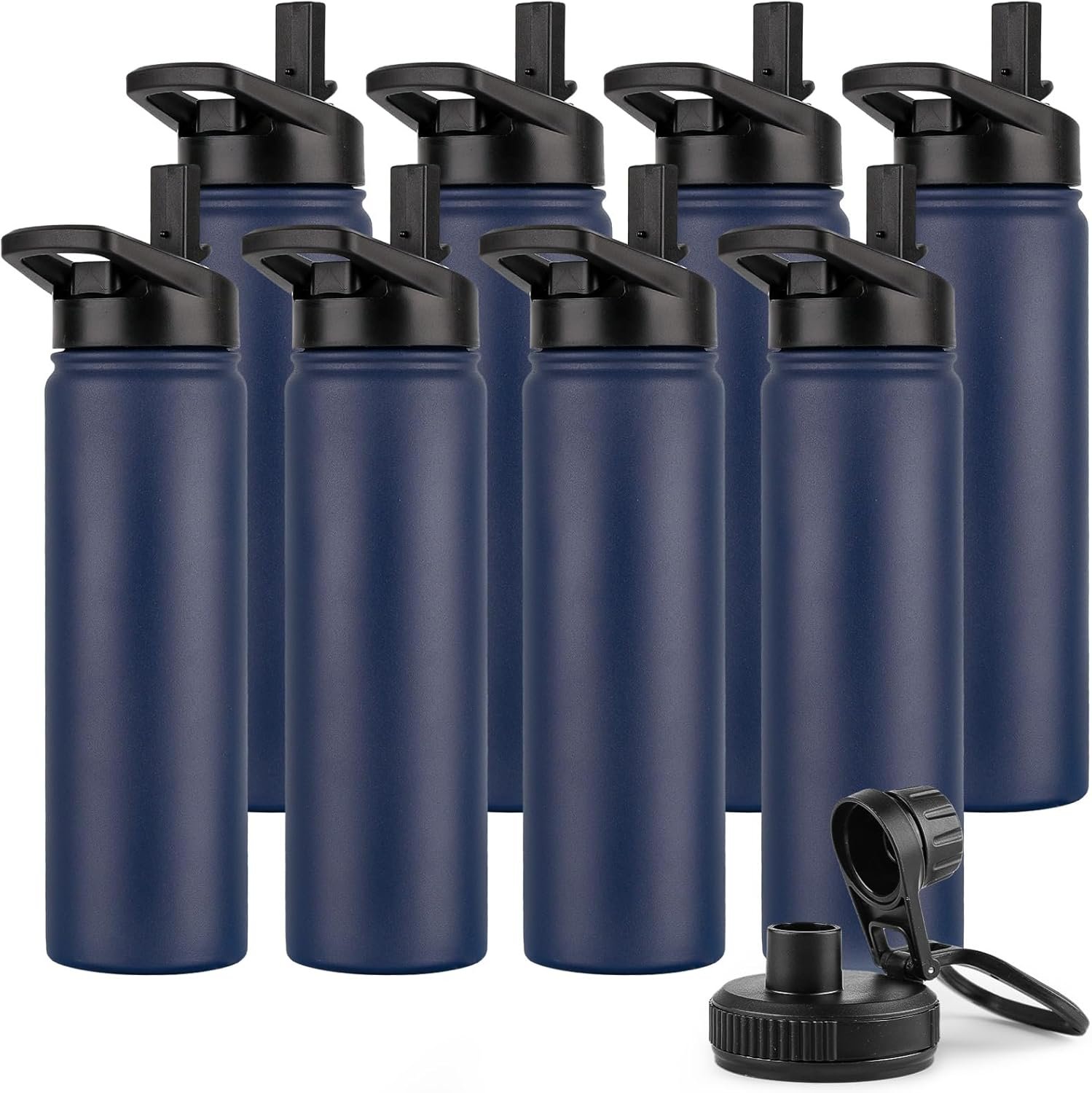 DOMICARE Insulated Water Bottle, 22 oz Vacuum Insulated Stainless Steel Reusable Sports Bottle with Straw Lid & Spout Lid for Travel, Camping, Bike, Leakproof, Navy Blue, 8 Pack