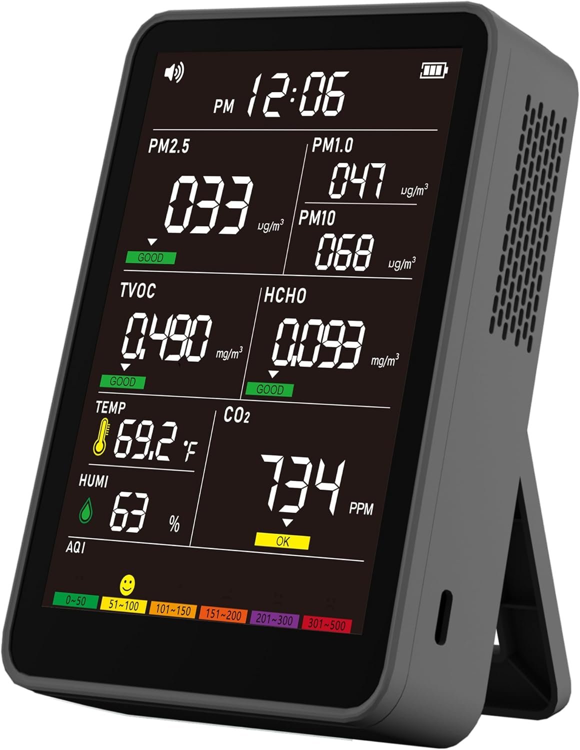 Professional Indoor Air Quality Monitor with AQI Beep Alarms, Portable Real-Time Detector for Home Cars Plants and Pets (Black)