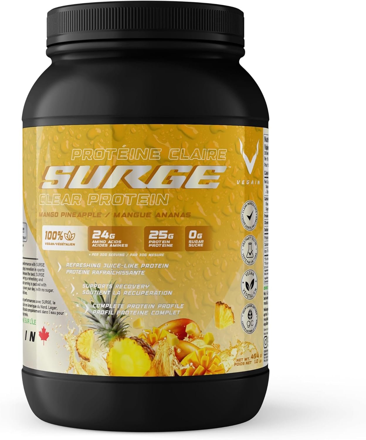 PRO-SURGE Clear Protein Powder Mango Pineapple Flavor 454g – 30 Servings, 25g Plant-Based Protein Isolate – Sugar-Free, Dairy-Free, Soy-Free, Gluten-Free Hydration, Clear & Refreshing Juice-Like Drink