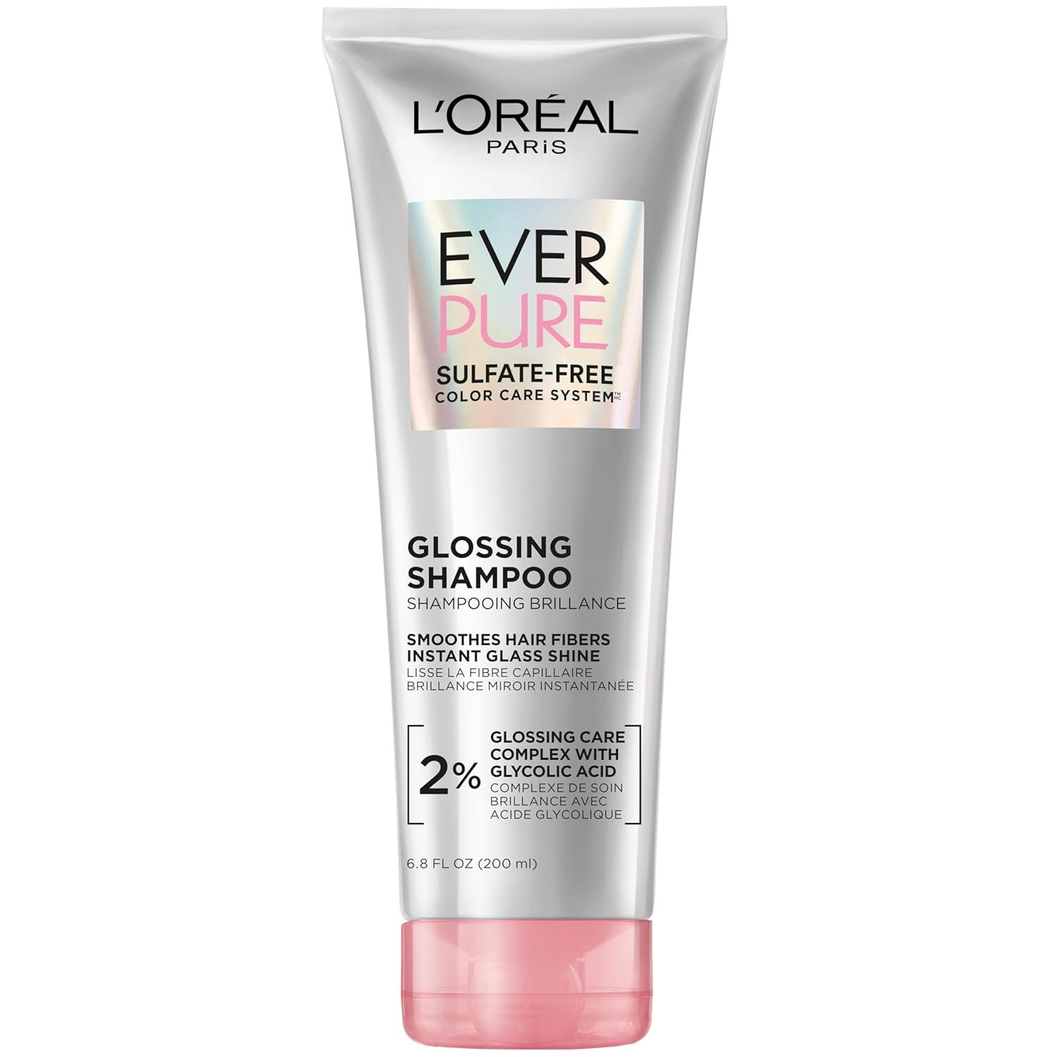 L’Oreal Paris Glossing Sulfate Free Shampoo with Glycolic Acid, Hair Care for Lasting Shine and Smoothness for Dull, Dry Hair, EverPure, 6.8 Fl Oz