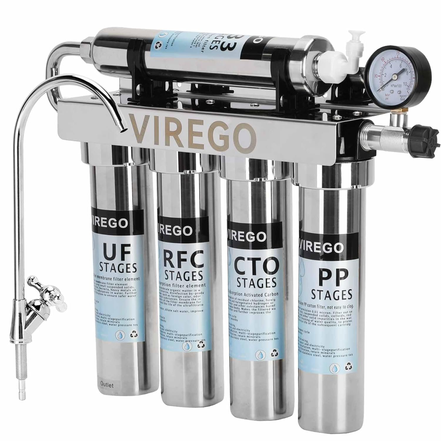 0.01μm Ultra Filtration Under Sink Water Filter System with Real-time Pressure Gauge, Water Filter Under Sink Import and Export Dimension Are DN15, for 99.99% Cl Reduction (with 5 Filter and 1 Faucet)