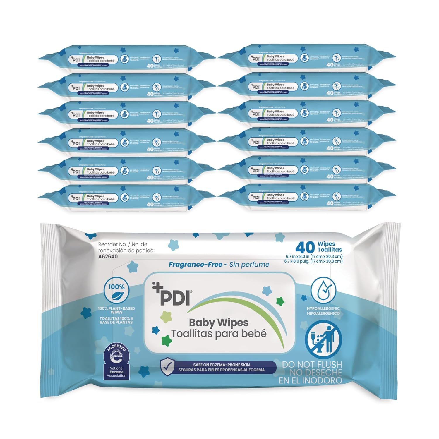 PDI Baby Wipes, Hypoallergenic, Eczema Safe, Fragrance Free, Plant-Based Wipes, 12 Packs of 40 Wipes Each (480 Total)