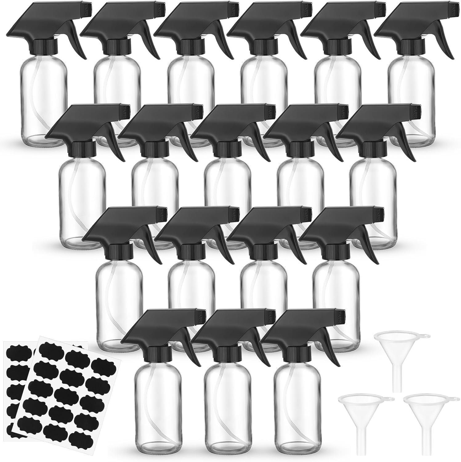 Fumete 20 Pcs 4 oz Glass Spray Bottles Empty Refillable Sprayer Containers with Funnels Labels Black Trigger Sprayers Spray Bottles for Essential Oil DIY Kitchen Hair Plants(Clear)