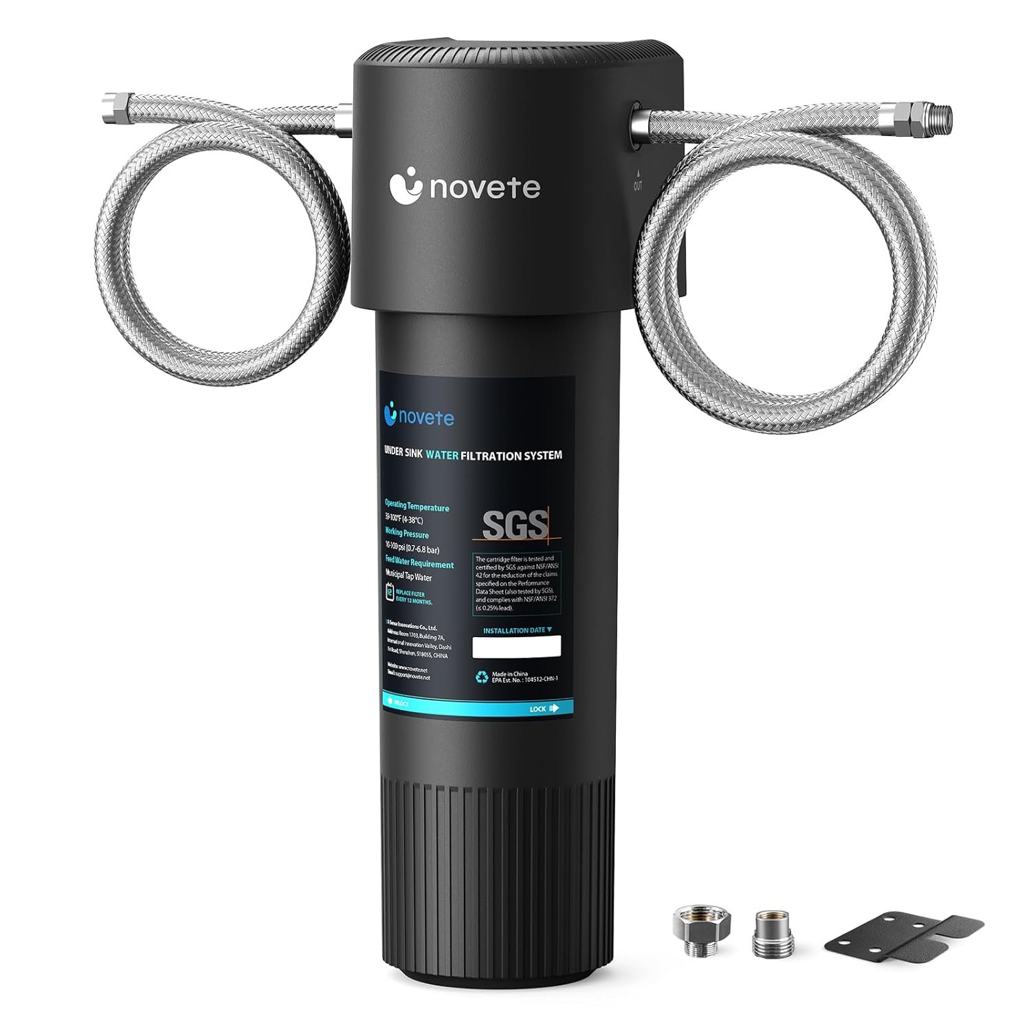 NOVETE Under Sink Water Filter, Upgraded 30K Gallons, NSF/ANSI 42 & 372 Certified, Reduces 99.5% Chlorine, Lead, PFOA/PFOS, Bad Taste, Direct Connect to Kitchen Faucet, USA Tech, UWF1A-PC-1, Black