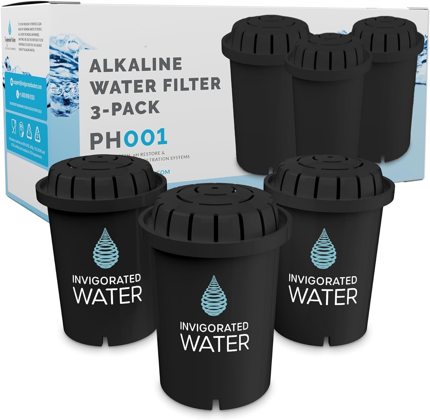 Invigorated Water PH001 – Black Alkaline Water Filter – Replacement Filters for All Pitcher & Dispenser Filtration Systems – BPA-Free, Removes Chlorine, Heavy Metals – 95 Gallons per Filter (3-Pack)