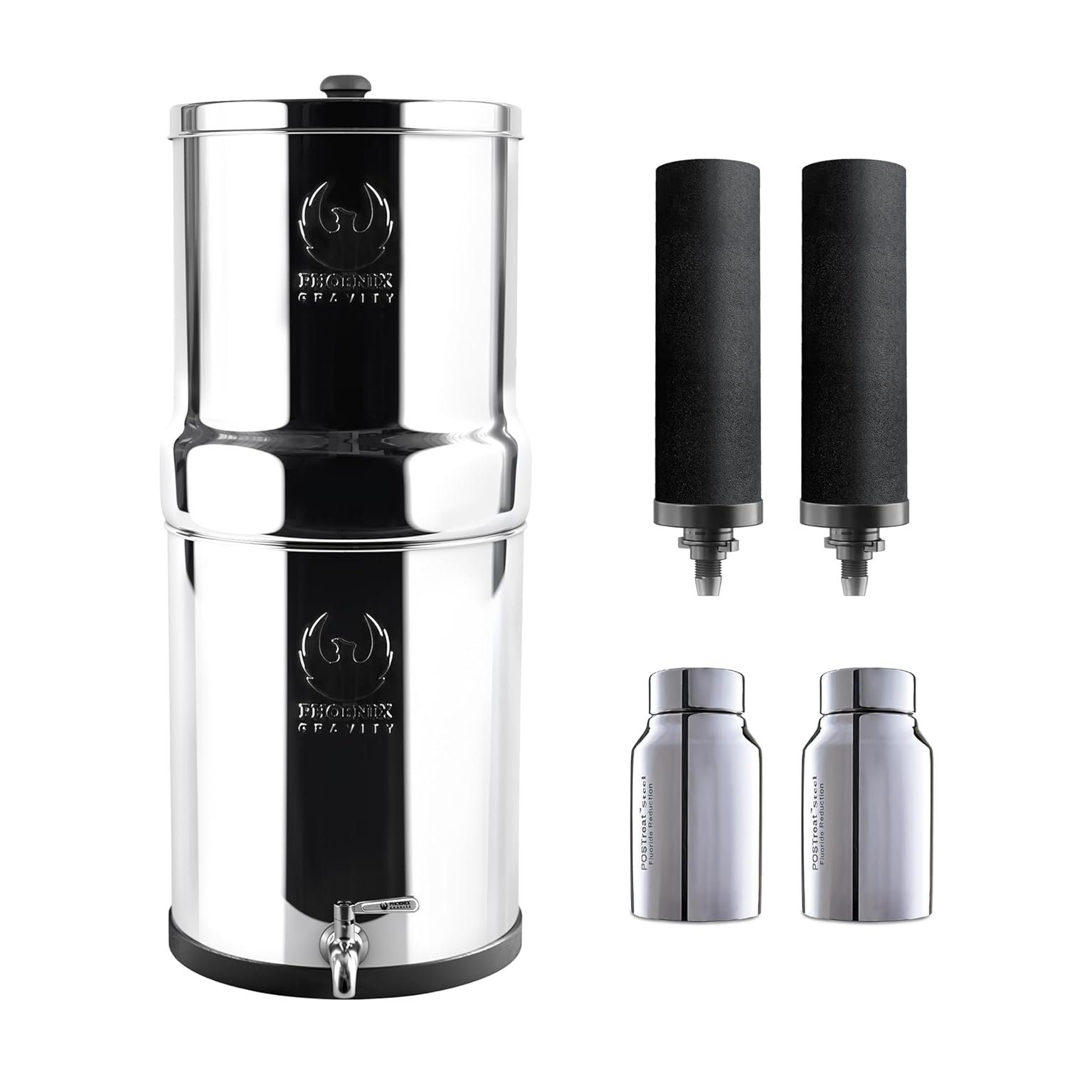 1.5 G Gravity Water Filter System | NSF/ANSI 42 & 372 Certified | AISI 304 Stainless Steel Water Filter | 2 Carbon Filters + 2 POSTreat Fluoride Reduction Elements | No Electricity Required | Portable